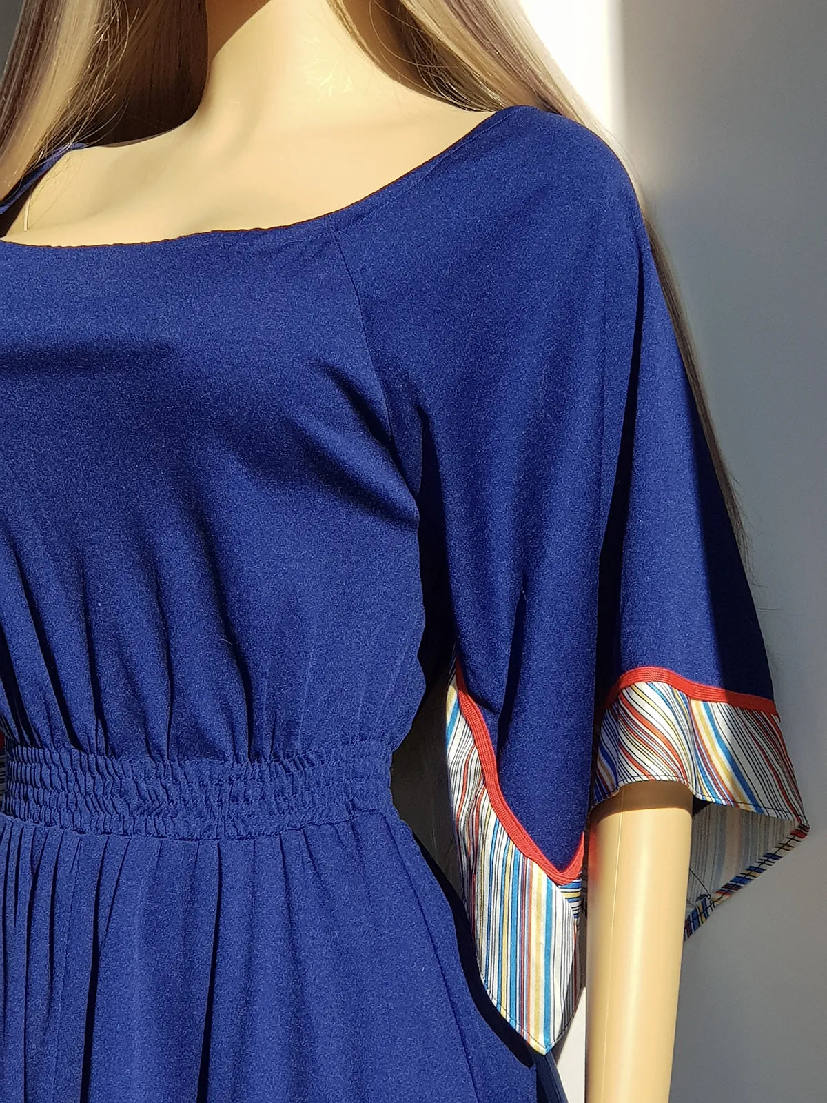 1970s Vintage Handkerchief Summertime Dress - Hourglass Waist - Off Shoulder & Knee Length - Absolutely Beautiful Asymmetrical Sleeves - Elastic Waist