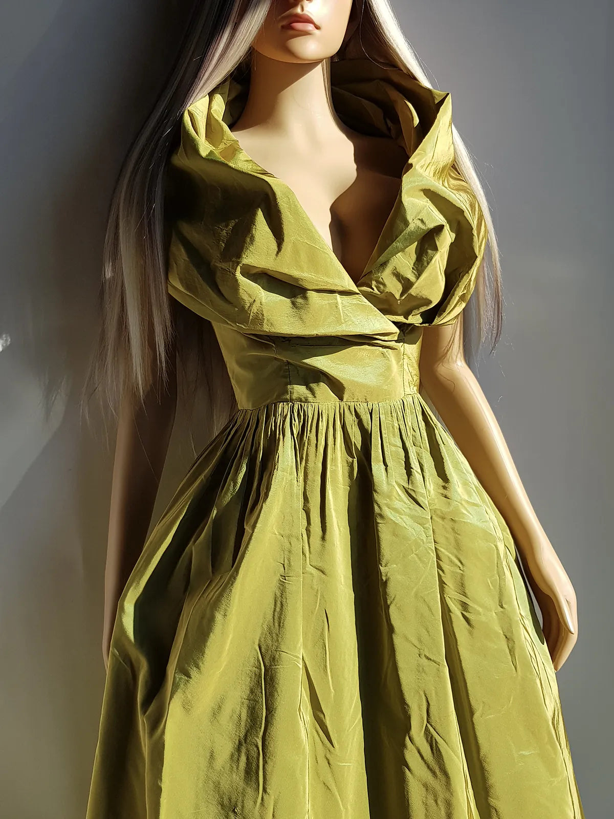 2000s Whimsical Iridescent Fairy Dress in Mystical Chartreuse Green - 50s Shape - Structural and Versatile neckline - wear multiple ways