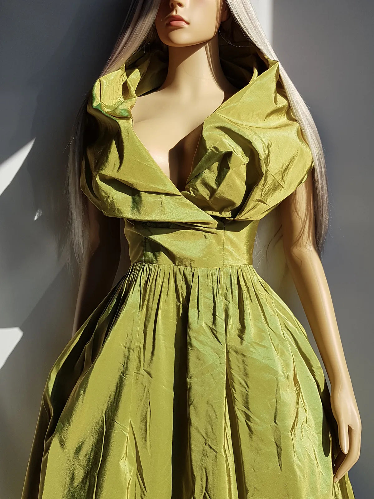 2000s Whimsical Iridescent Fairy Dress in Mystical Chartreuse Green - 50s Shape - Structural and Versatile neckline - wear multiple ways