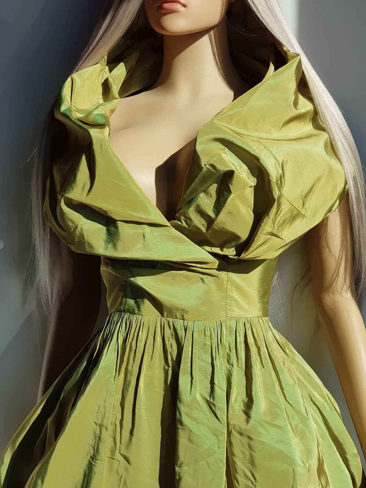 2000s Whimsical Iridescent Fairy Dress in Mystical Chartreuse Green - 50s Shape - Structural and Versatile neckline - wear multiple ways