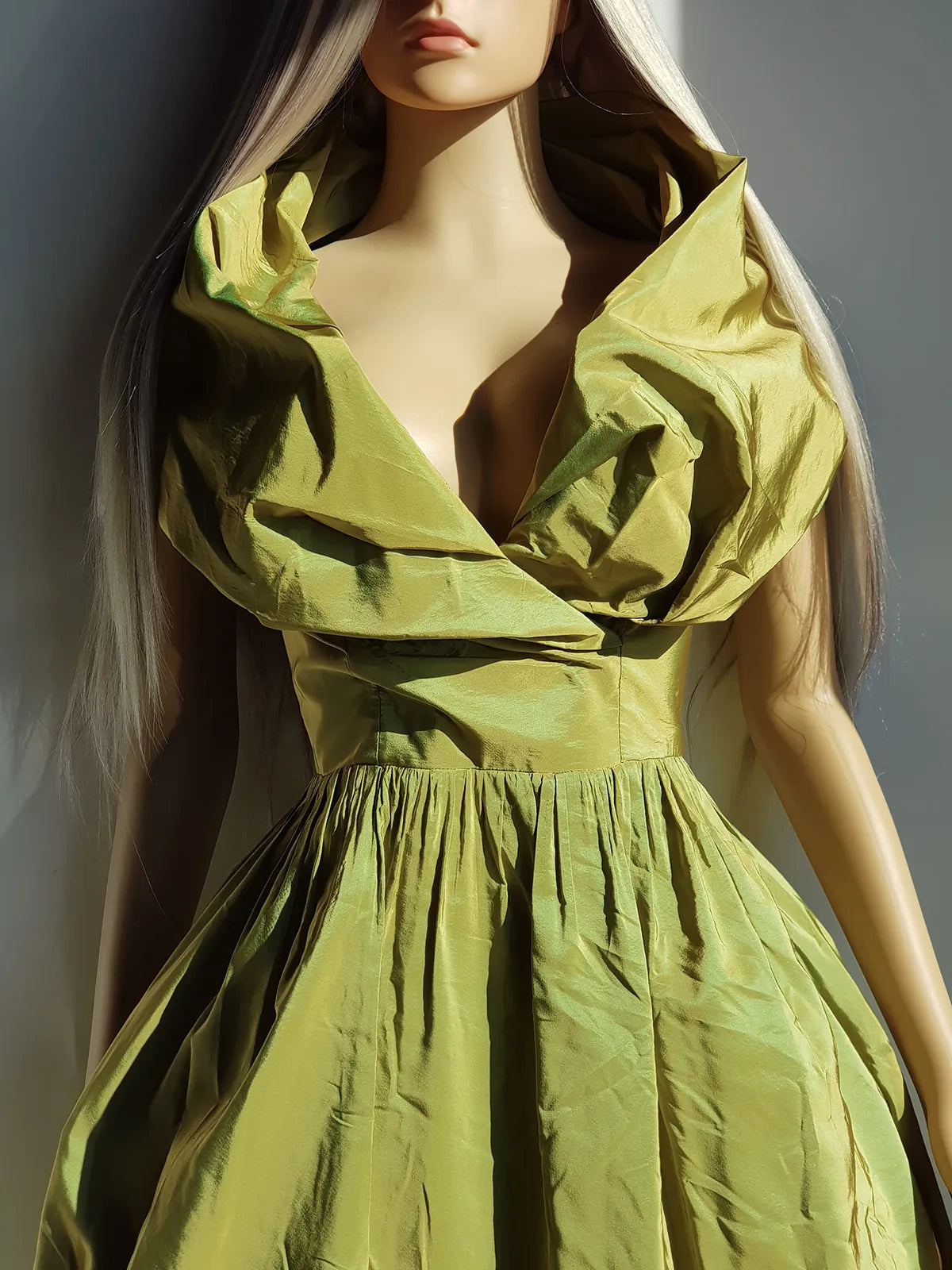 2000s Whimsical Iridescent Fairy Dress in Mystical Chartreuse Green - 50s Shape - Structural and Versatile neckline - wear multiple ways