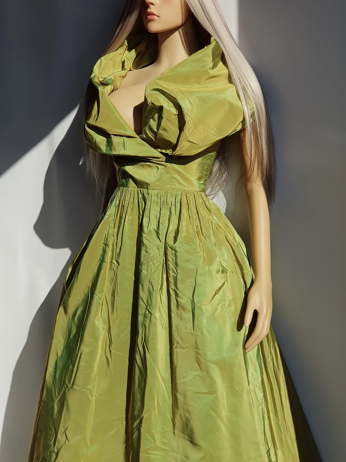 2000s Whimsical Iridescent Fairy Dress in Mystical Chartreuse Green - 50s Shape - Structural and Versatile neckline - wear multiple ways