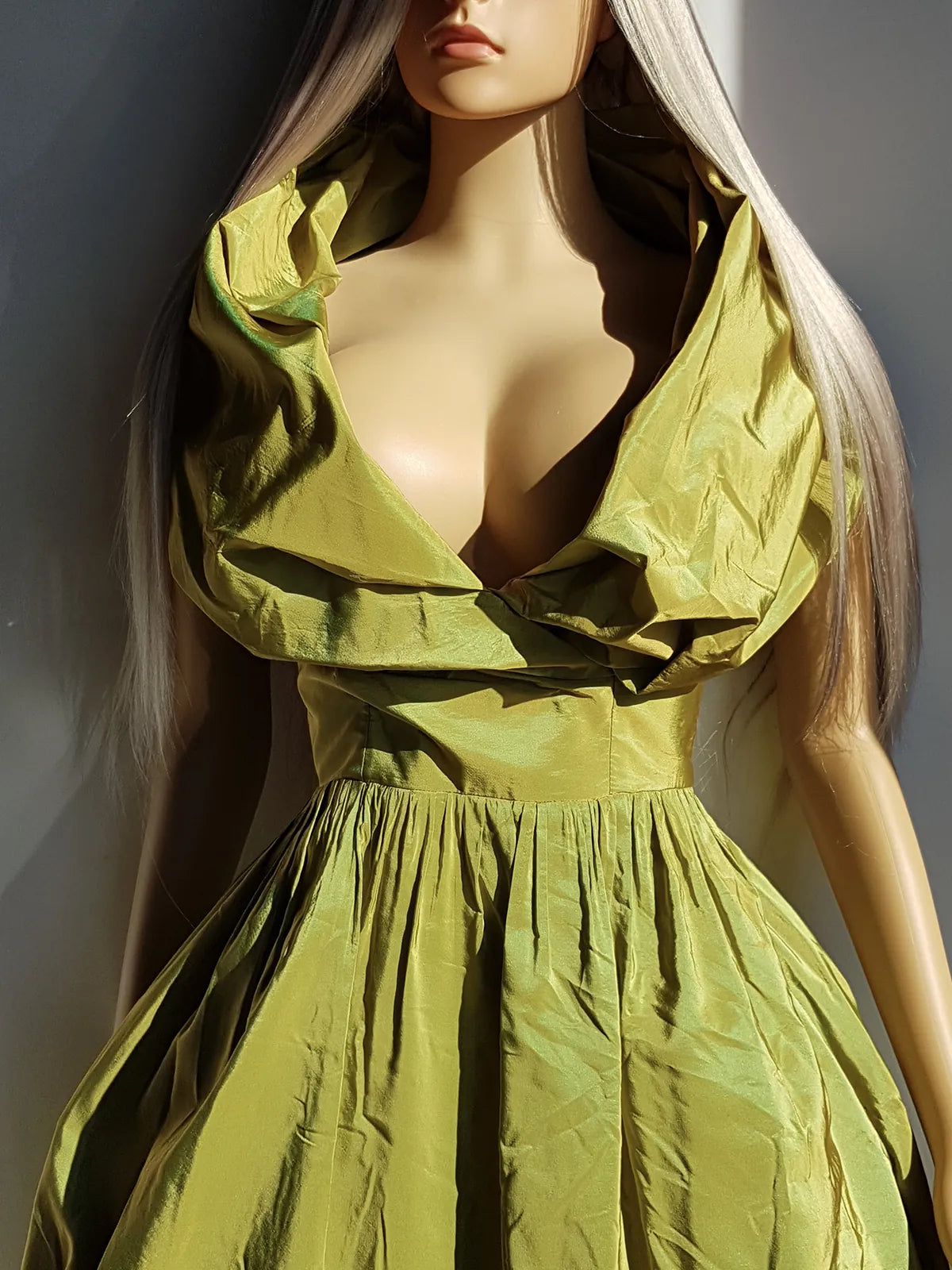 2000s Whimsical Iridescent Fairy Dress in Mystical Chartreuse Green - 50s Shape - Structural and Versatile neckline - wear multiple ways