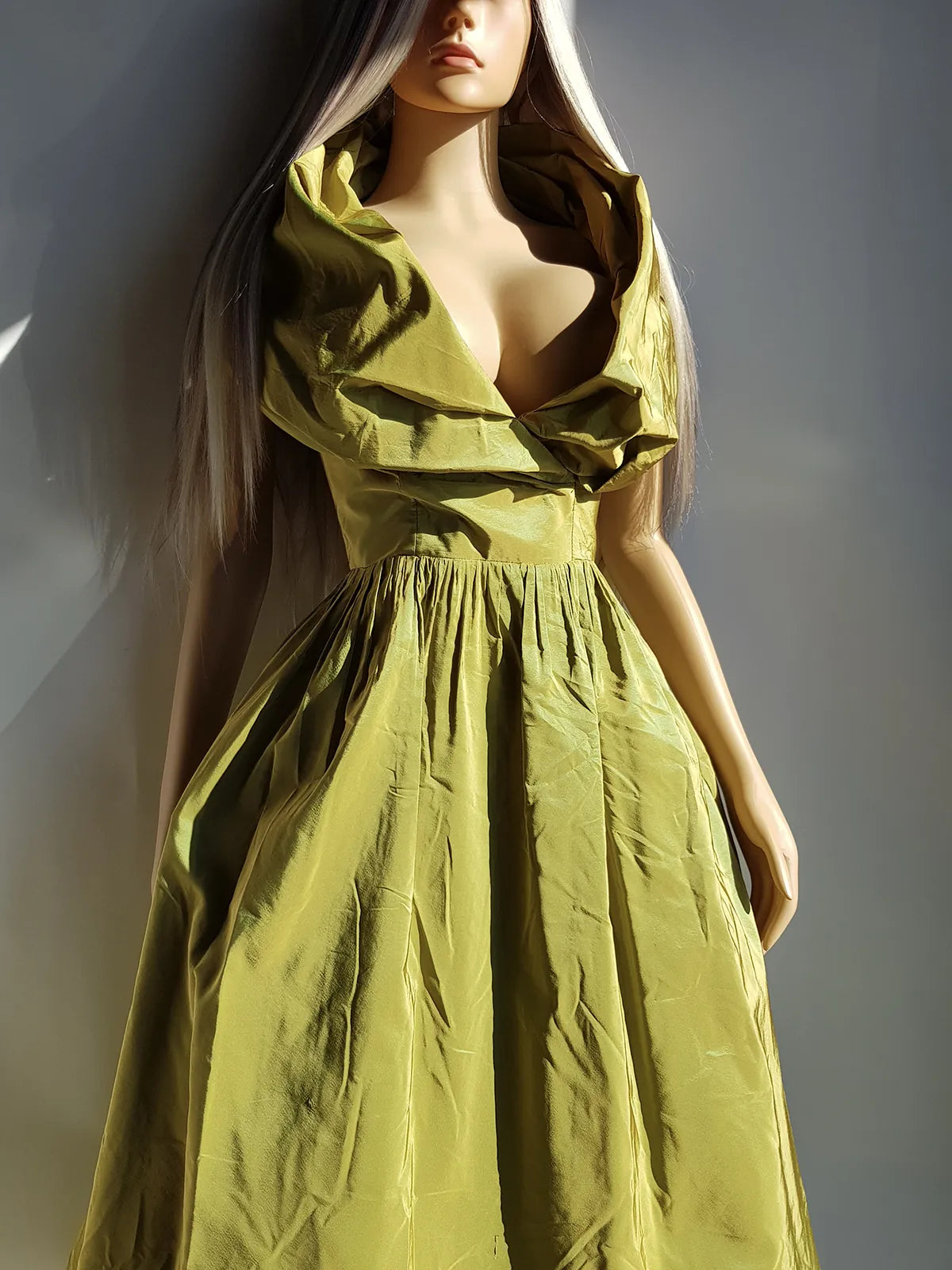 2000s Whimsical Iridescent Fairy Dress in Mystical Chartreuse Green - 50s Shape - Structural and Versatile neckline - wear multiple ways