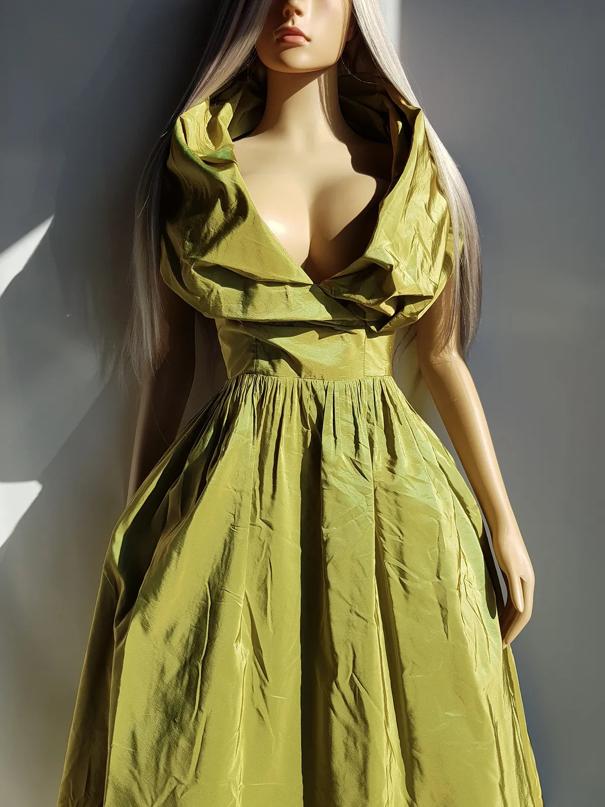 2000s Whimsical Iridescent Fairy Dress in Mystical Chartreuse Green - 50s Shape - Structural and Versatile neckline - wear multiple ways