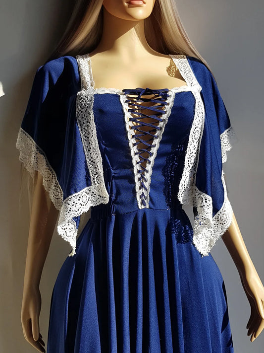 1970s Rare & Spectacular Vintage Handkerchief Summertime Dress - Corset Lace Front - Hourglass Waist - Lace Trim - Off Shoulder & Knee Length - Absolutely Beautiful Asymmetrical Sleeves - Shirred Waist