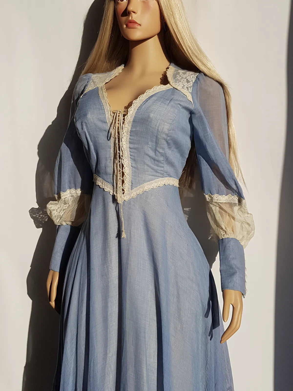 1970s Authentic Gunne Sax Vintage Bridal Quality Multi Layer Summertime Dress - Blue Cotton & Ivory Lace - Corset Top Hourglass Waist & Flared Full Length Skirt - Double Layered Light & Flouncy - Unbelievably Beautiful