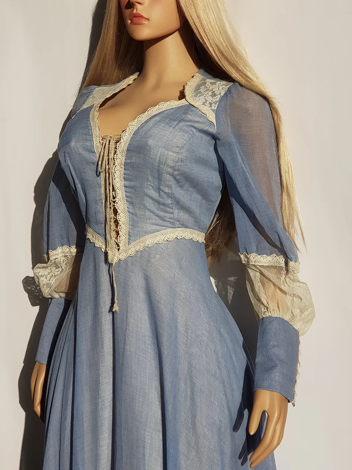 1970s Authentic Gunne Sax Vintage Bridal Quality Multi Layer Summertime Dress - Blue Cotton & Ivory Lace - Corset Top Hourglass Waist & Flared Full Length Skirt - Double Layered Light & Flouncy - Unbelievably Beautiful