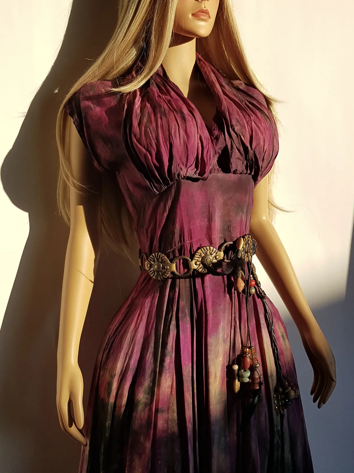 Spectacular 1950s Amethyst Purple & Green Toned Hand Dyed One of a Kind Hourglass Dress - Pure Cotton - Gathered Sculptural Bust - Fitted Waist - Flared Skirt