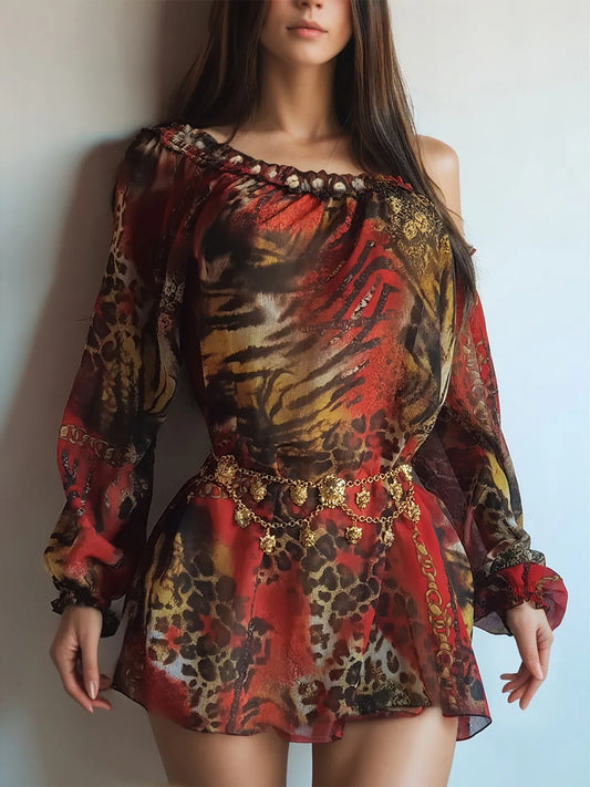 1990s Authentic Parisian Vintage Rockstar Babydoll - Poet Sleeves - in Leopard Tiger & Chain Print - Off Shoulder Mini dress / Top - One size fits all - Ridiculously Gorgeous