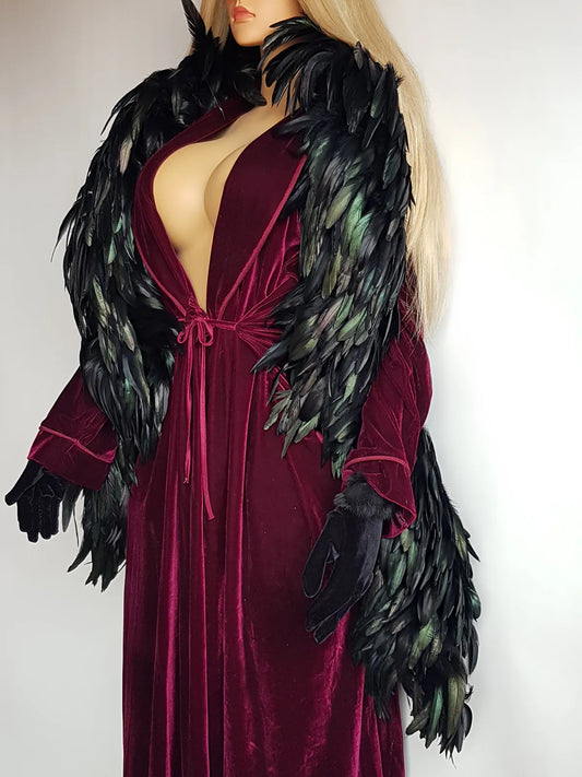 1990s Vintage Velvet Floor Length Robe in Rich Plum with Gigantic Iridescent Feather Collar - tie waist - removable collar & can be worn both ways