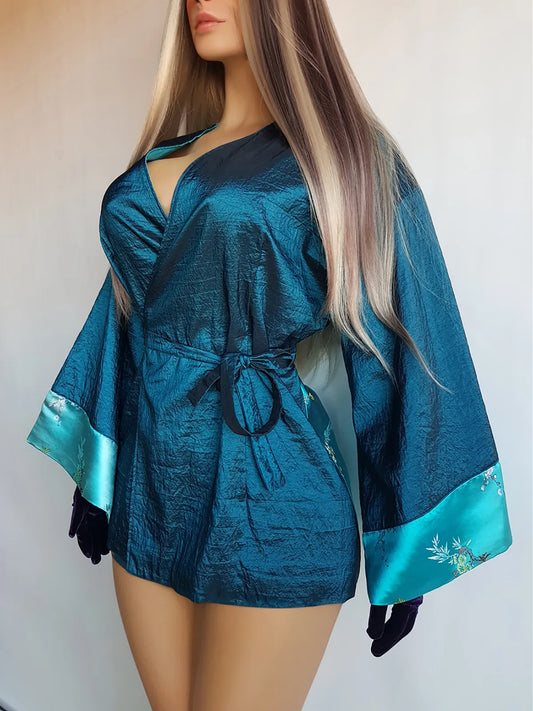 Sumptuous Silk Satin 90s Oriental Brocade & Azure Blue Wrap Jacket / Mini Dress - Perfect Evening Piece