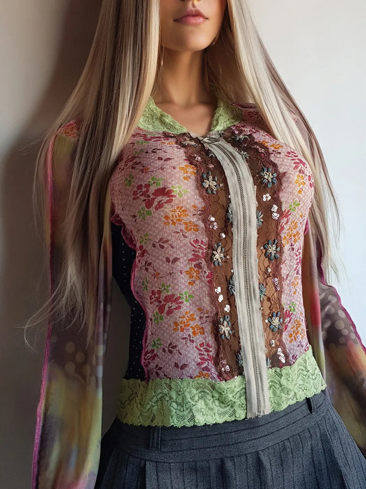 Unbelievable 90s Designer David Pond Mesh & Lace top with intricate hand embroidery and mixed fabrics in Pinks & Greens - very JPG style