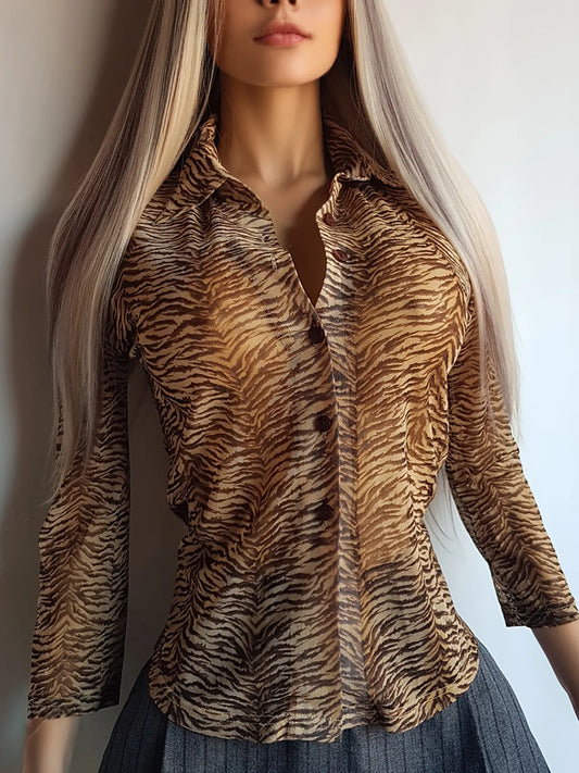 1990s Sexy Vintage Designer Bohemian Tigress - Rockstar Style  Button up - Collared Top in Mesh with Tiger Print