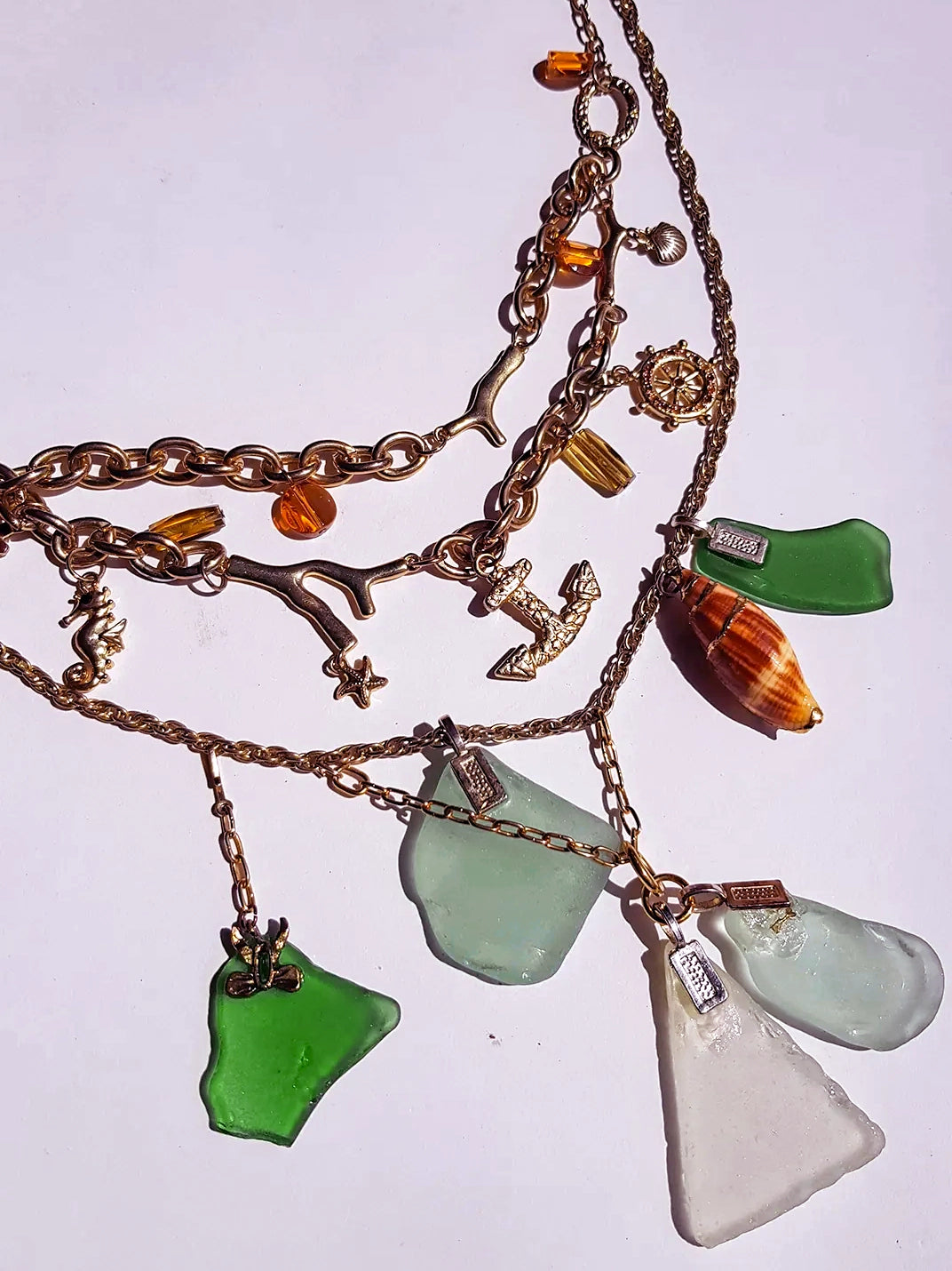 Antique Italian Green Ocean Glass Charm Necklace Stack - only 1 ever made - custom made from components over 100 years old - multi layered