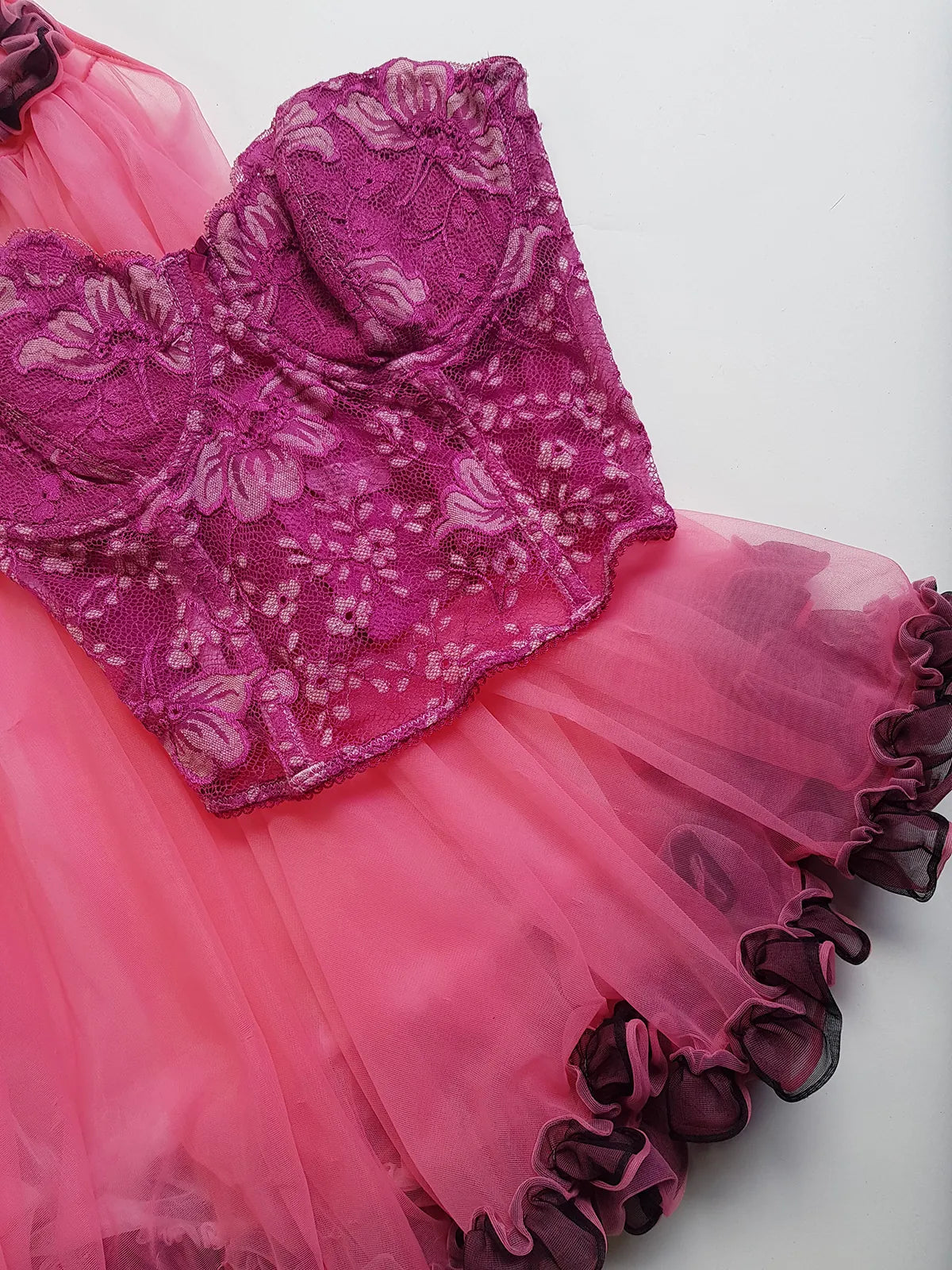 Exceptionally Beautiful 1990s Hand-Dyed Berry Pink Corset Top - Only 1 Made - Ornate Floral Lace - Boned Underwire Bustier with Hook & Eye Closure