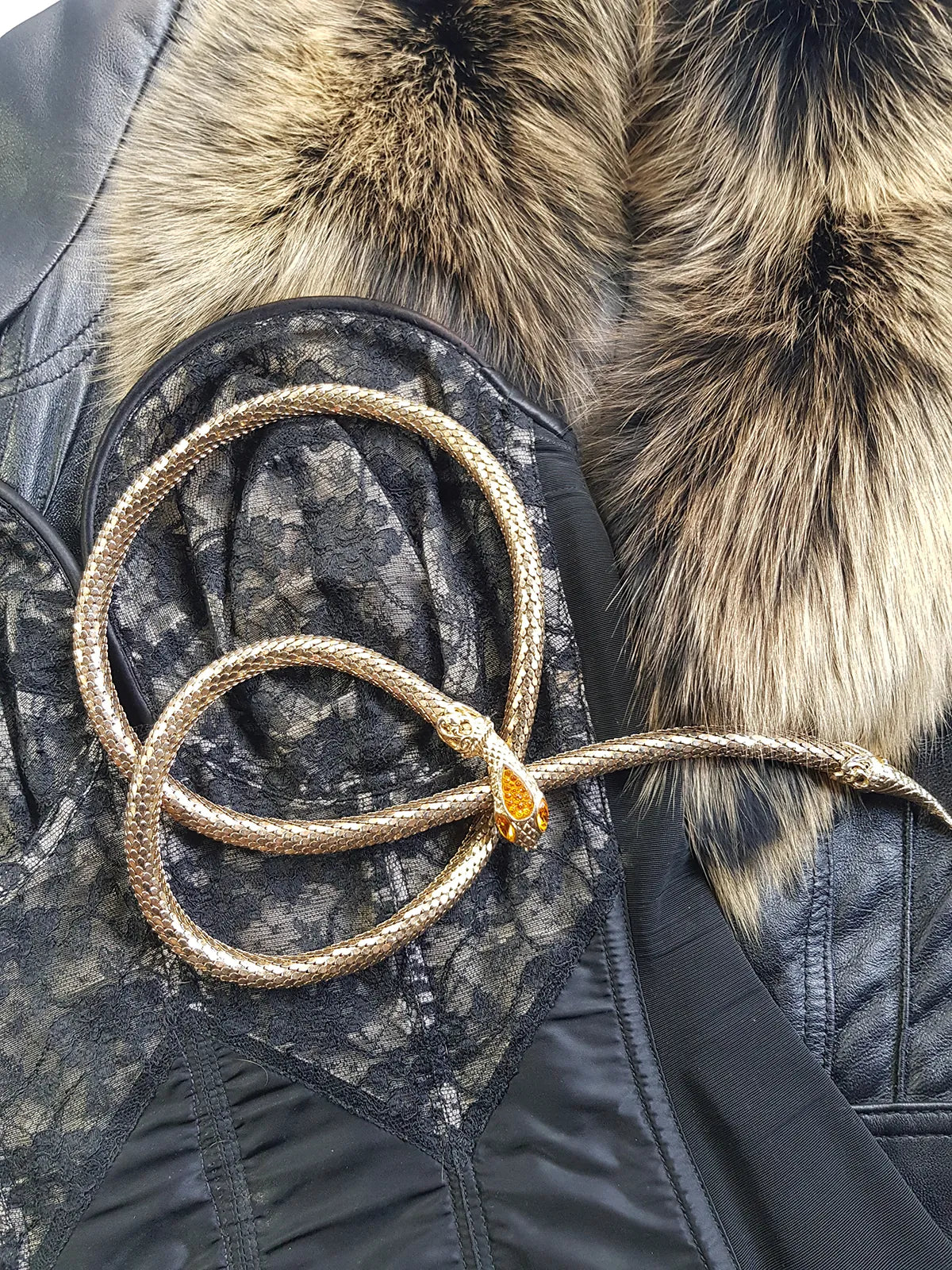 1960s Gold & Tangerine Amber Antique Designer Snake Belt / Necklace / Bracelet - Absolutely Gorgeous - Stones in Snakes Head & Eyes - High Quality and Heavy