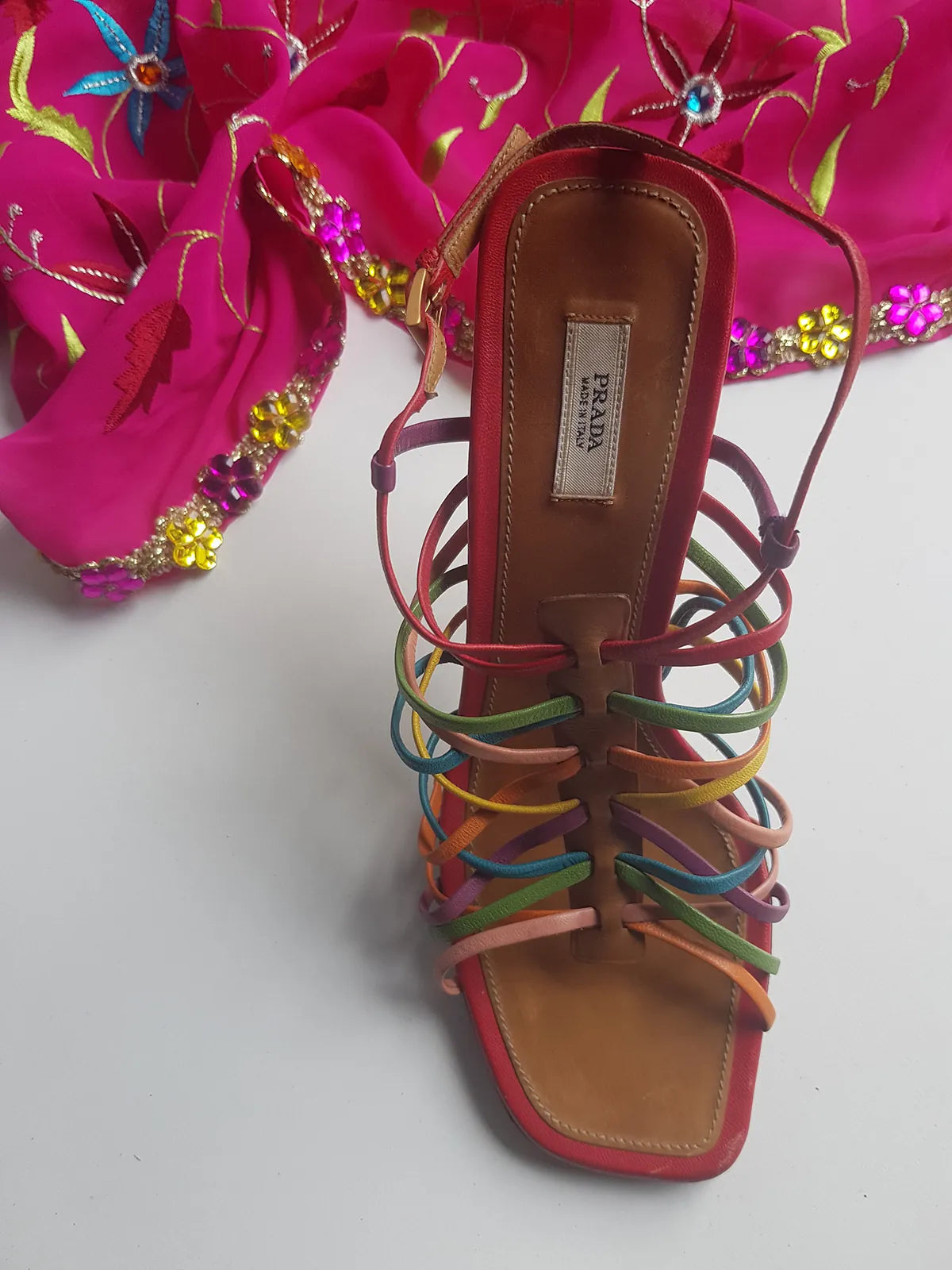Prada - Authentic Darling 100% Genuine Italian Leather Stilettos - Ankle Strap - Perfect Height Summer Heels - Multi Colored - (European Size 36)