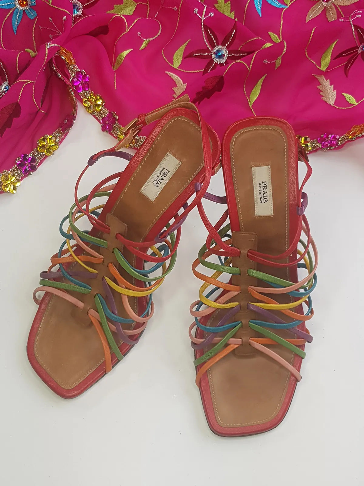 Prada - Authentic Darling 100% Genuine Italian Leather Stilettos - Ankle Strap - Perfect Height Summer Heels - Multi Colored - (European Size 36)