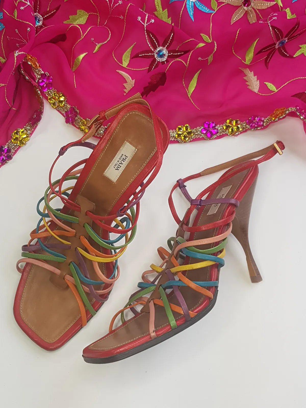 Prada - Authentic Darling 100% Genuine Italian Leather Stilettos - Ankle Strap - Perfect Height Summer Heels - Multi Colored - (European Size 36)
