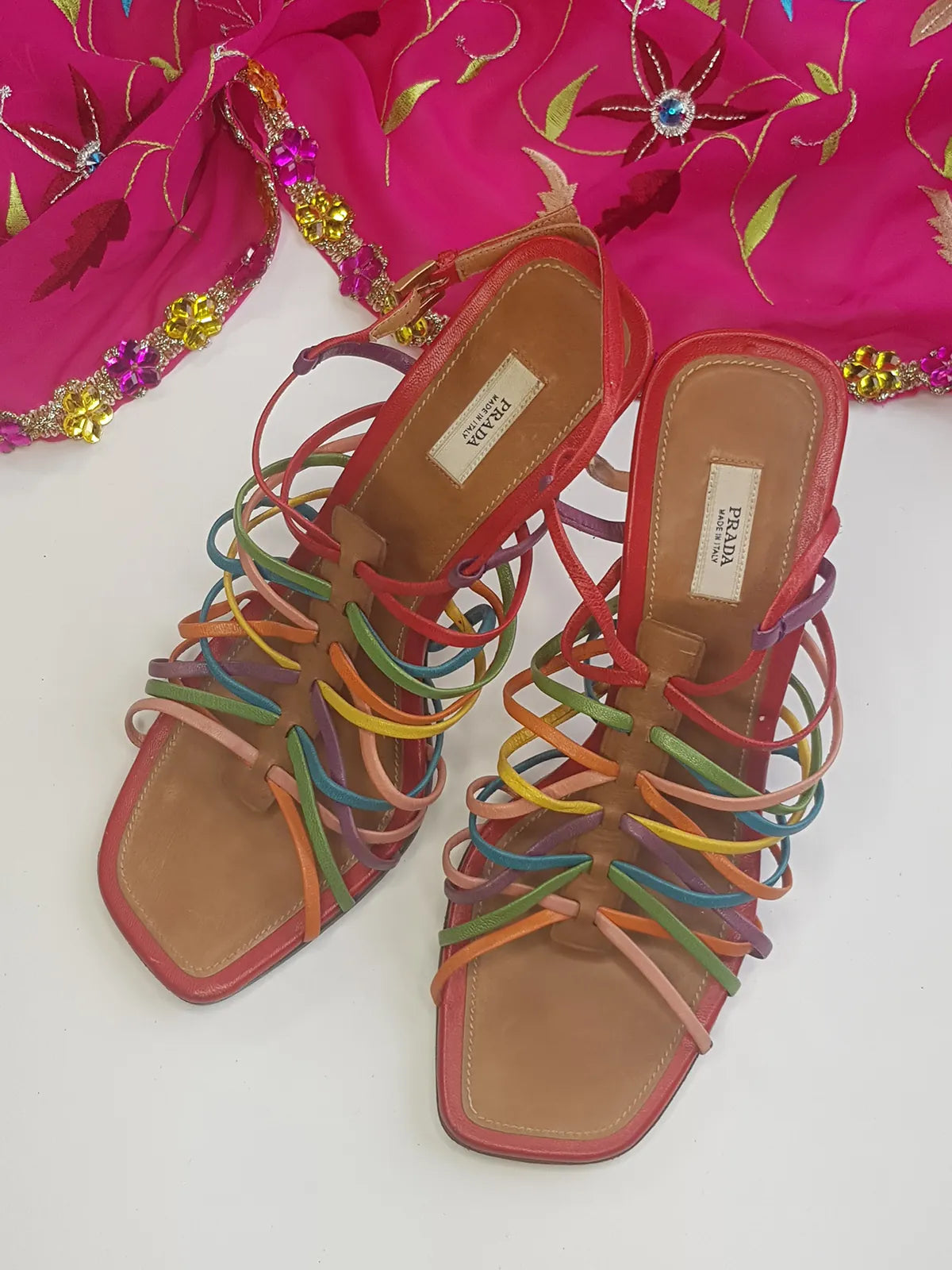 Prada - Authentic Darling 100% Genuine Italian Leather Stilettos - Ankle Strap - Perfect Height Summer Heels - Multi Colored - (European Size 36)