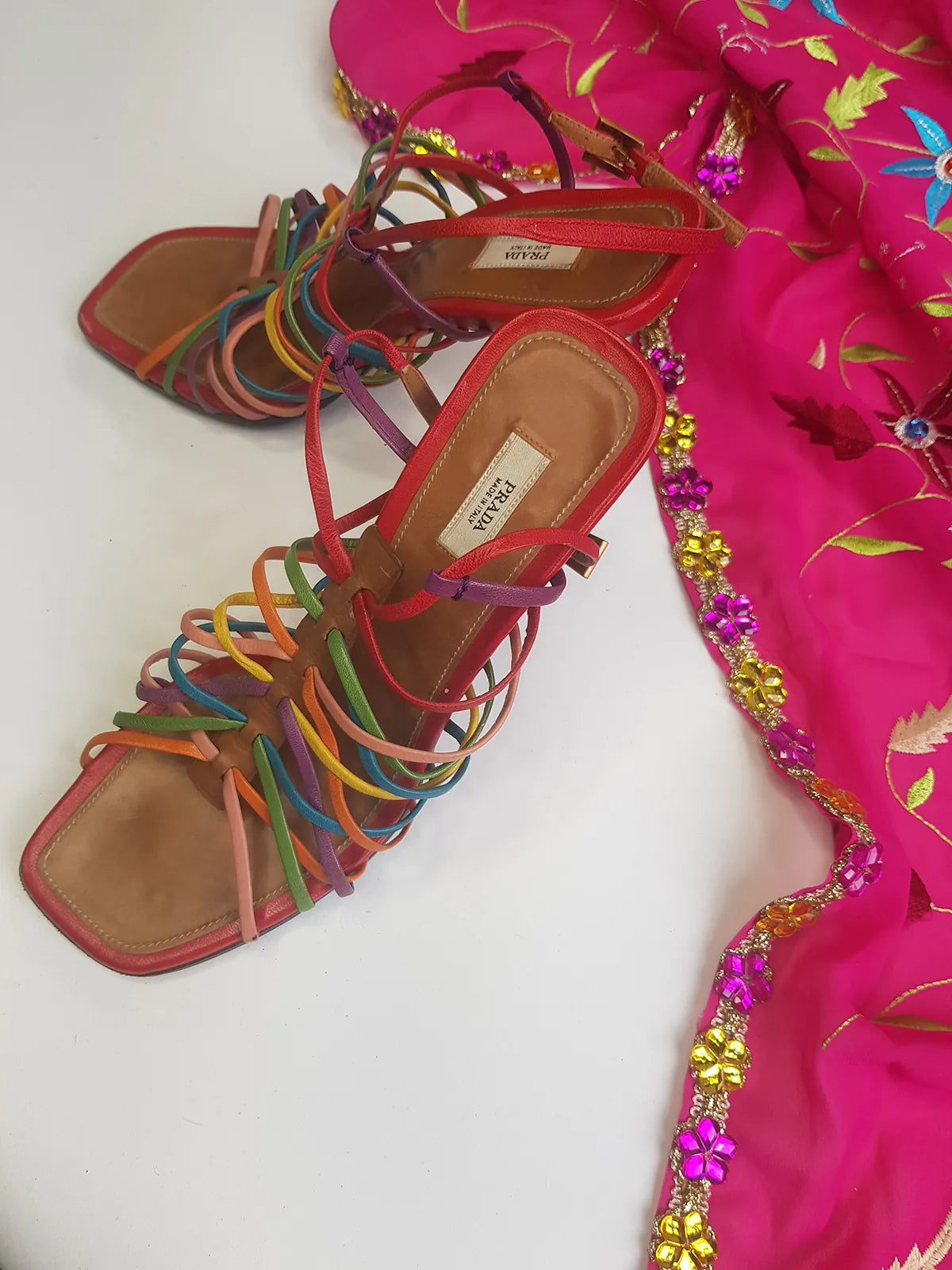 Prada - Authentic Darling 100% Genuine Italian Leather Stilettos - Ankle Strap - Perfect Height Summer Heels - Multi Colored - (European Size 36)