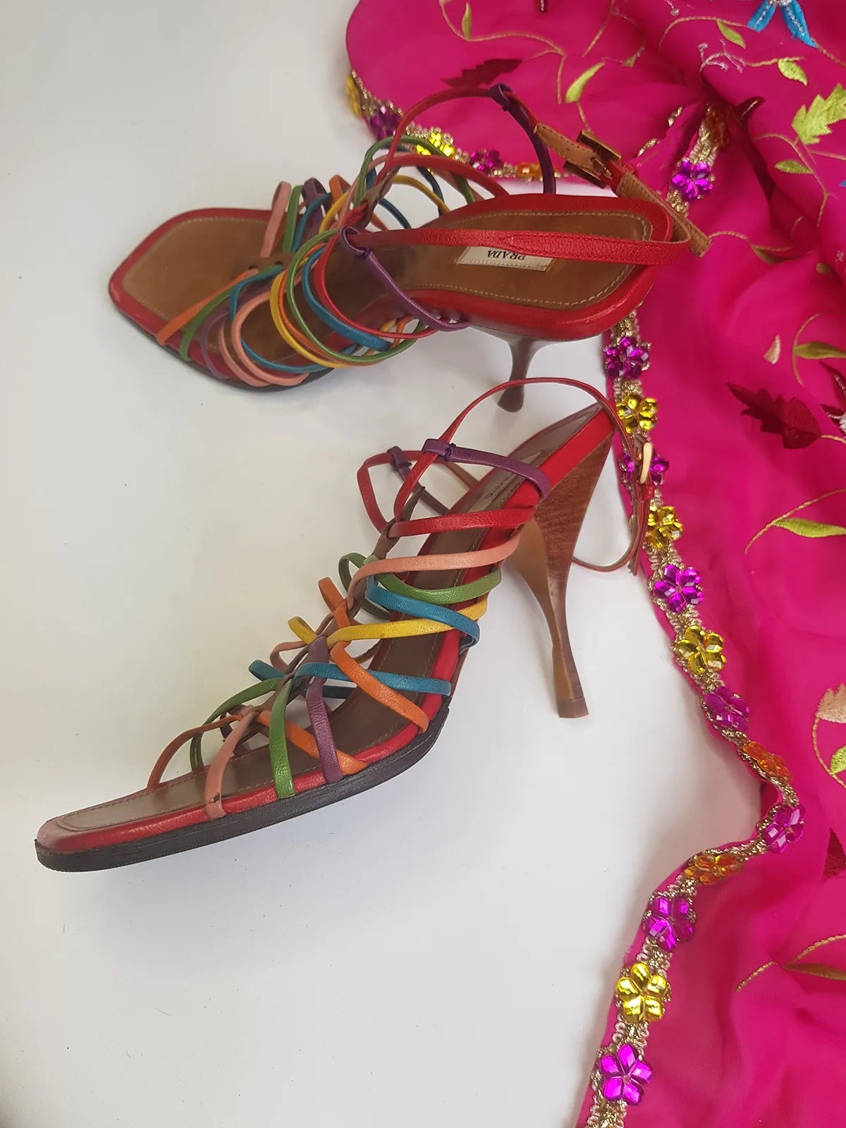 Prada - Authentic Darling 100% Genuine Italian Leather Stilettos - Ankle Strap - Perfect Height Summer Heels - Multi Colored - (European Size 36)