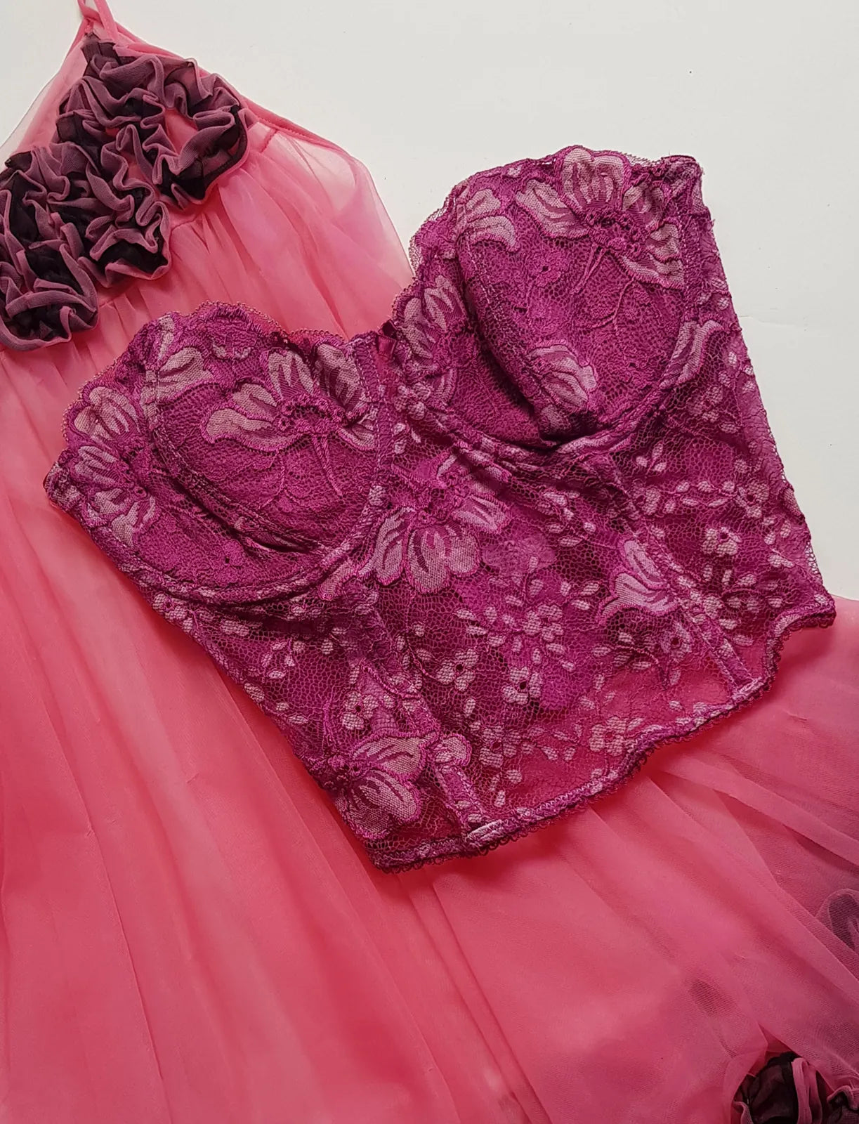 Exceptionally Beautiful 1990s Hand-Dyed Berry Pink Corset Top - Only 1 Made - Ornate Floral Lace - Boned Underwire Bustier with Hook & Eye Closure