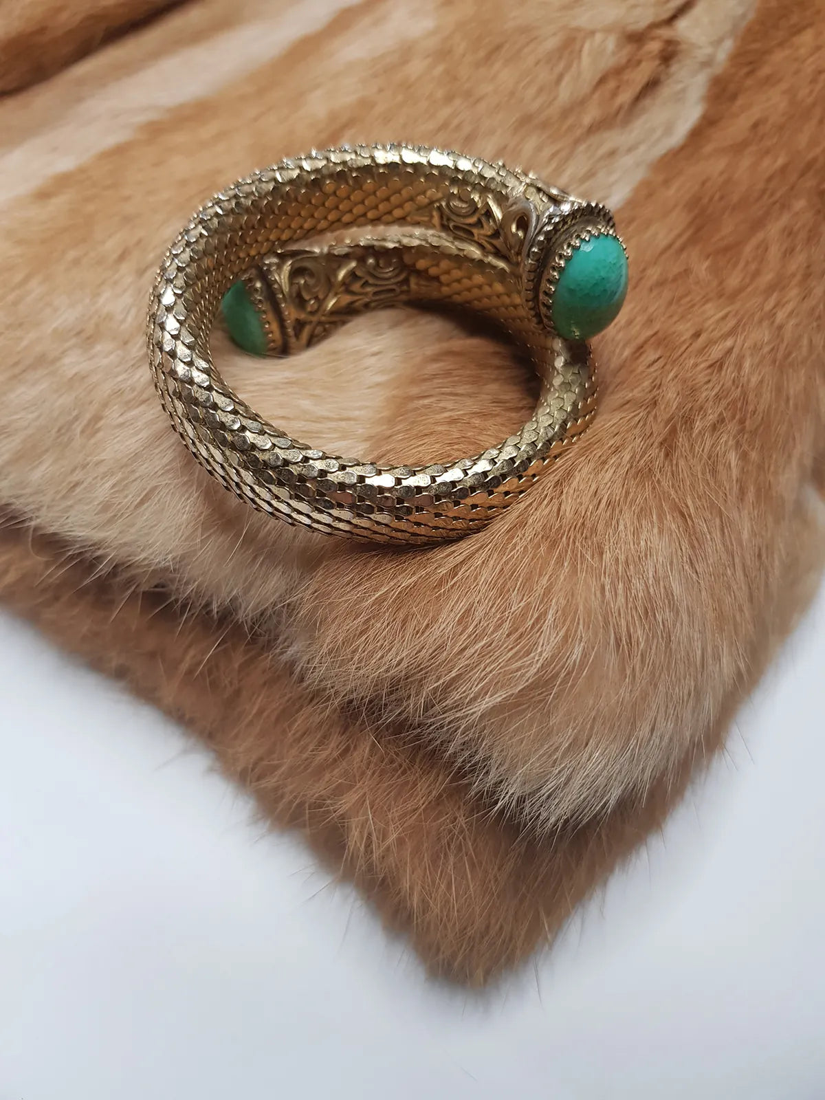 1960s Antique Designer Snake Cuff Bracelet - Gold & Turquoise - Ornate Statement Piece Beautifully Wraps Around Wrist