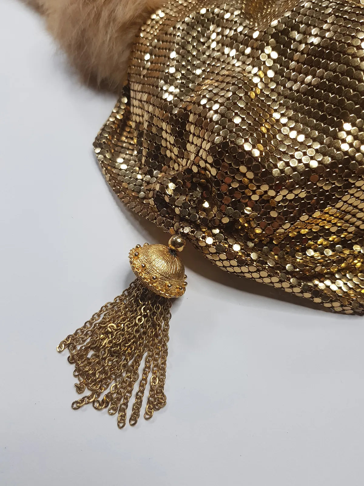 1960s Antique Designer Gold Chainmail Pouch Evening Tassel Bag - Long Chain - Drawstring Closure - Lined