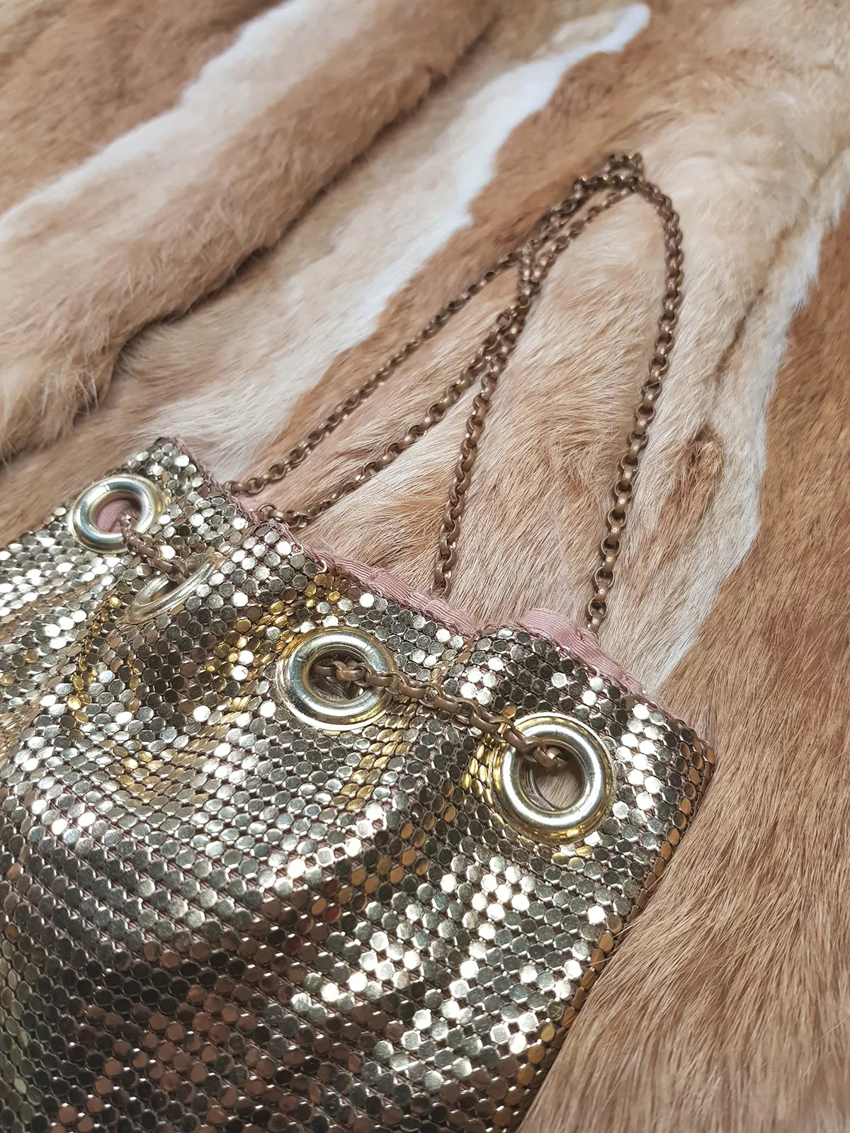 1960s Antique Designer Gold Chainmail Pouch Evening Tassel Bag - Long Chain - Drawstring Closure - Lined