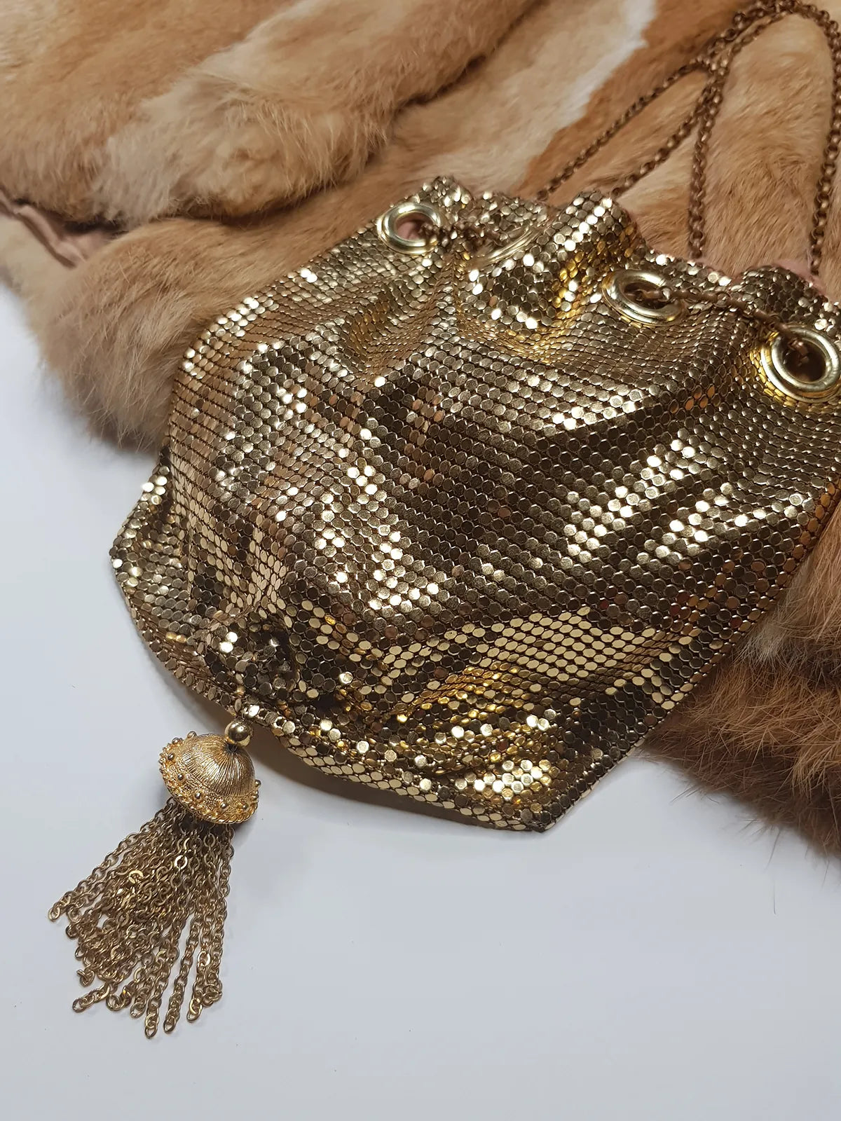 1960s Antique Designer Gold Chainmail Pouch Evening Tassel Bag - Long Chain - Drawstring Closure - Lined