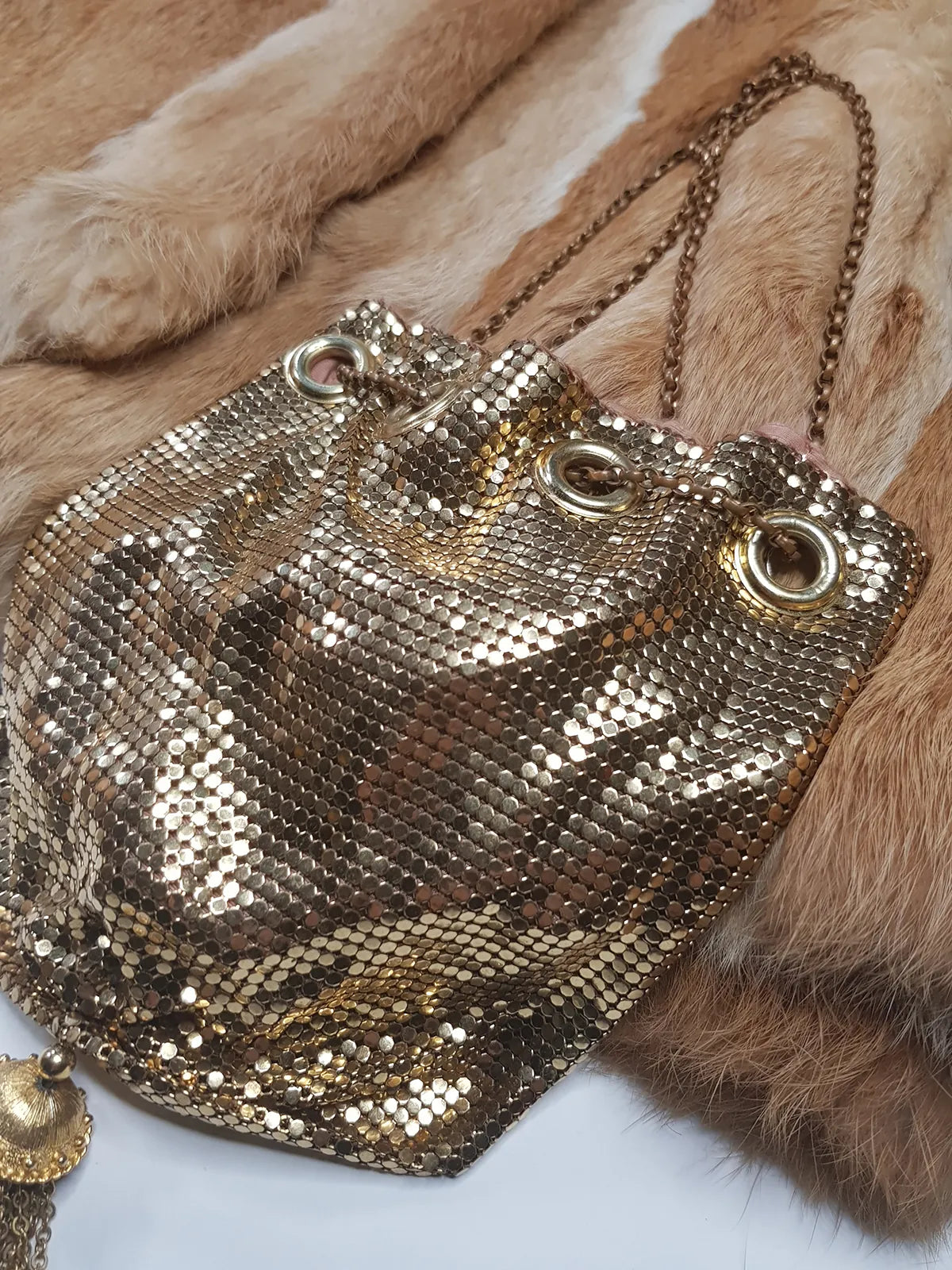 1960s Antique Designer Gold Chainmail Pouch Evening Tassel Bag - Long Chain - Drawstring Closure - Lined