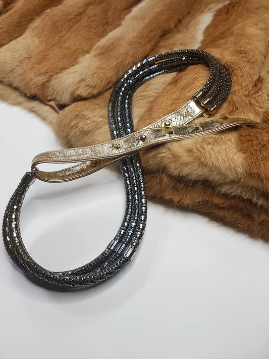 1970s Vintage Metal Snake Belt - Studio54 Style - 3 Tier Dark Metallic Blue & Gold Leather