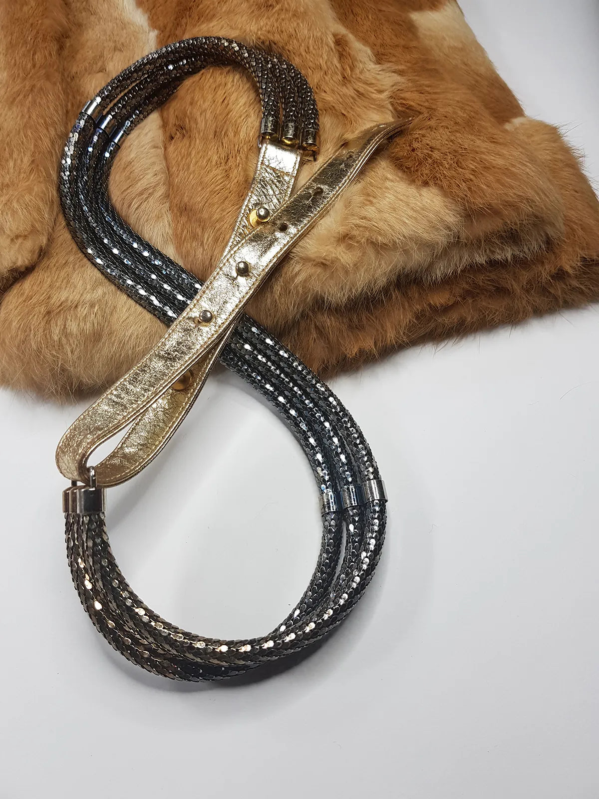 1970s Vintage Metal Snake Belt - Studio54 Style - 3 Tier Dark Metallic Blue & Gold Leather