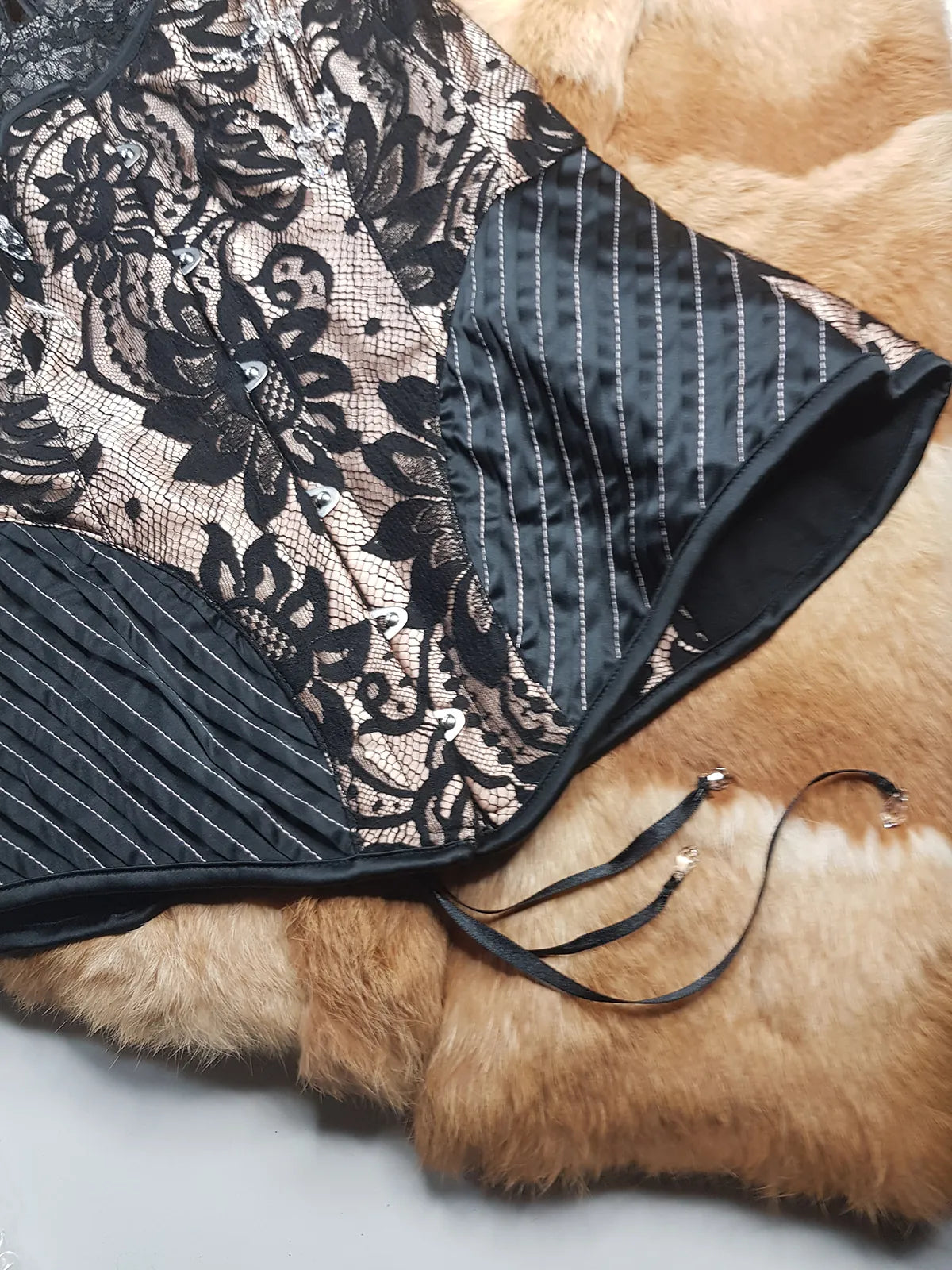 2000s Designer Couture Sample Corset - Ultra Rare with Sample Labels still Attached - Black & Champagne - Silk Lace Crystal Drop Beading - Fully Boned & Lace Up Back