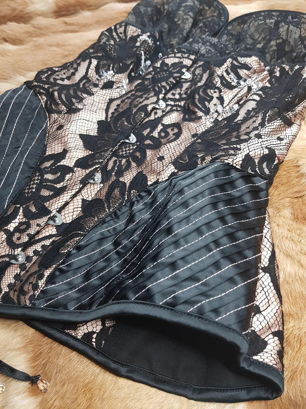 2000s Designer Couture Sample Corset - Ultra Rare with Sample Labels still Attached - Black & Champagne - Silk Lace Crystal Drop Beading - Fully Boned & Lace Up Back