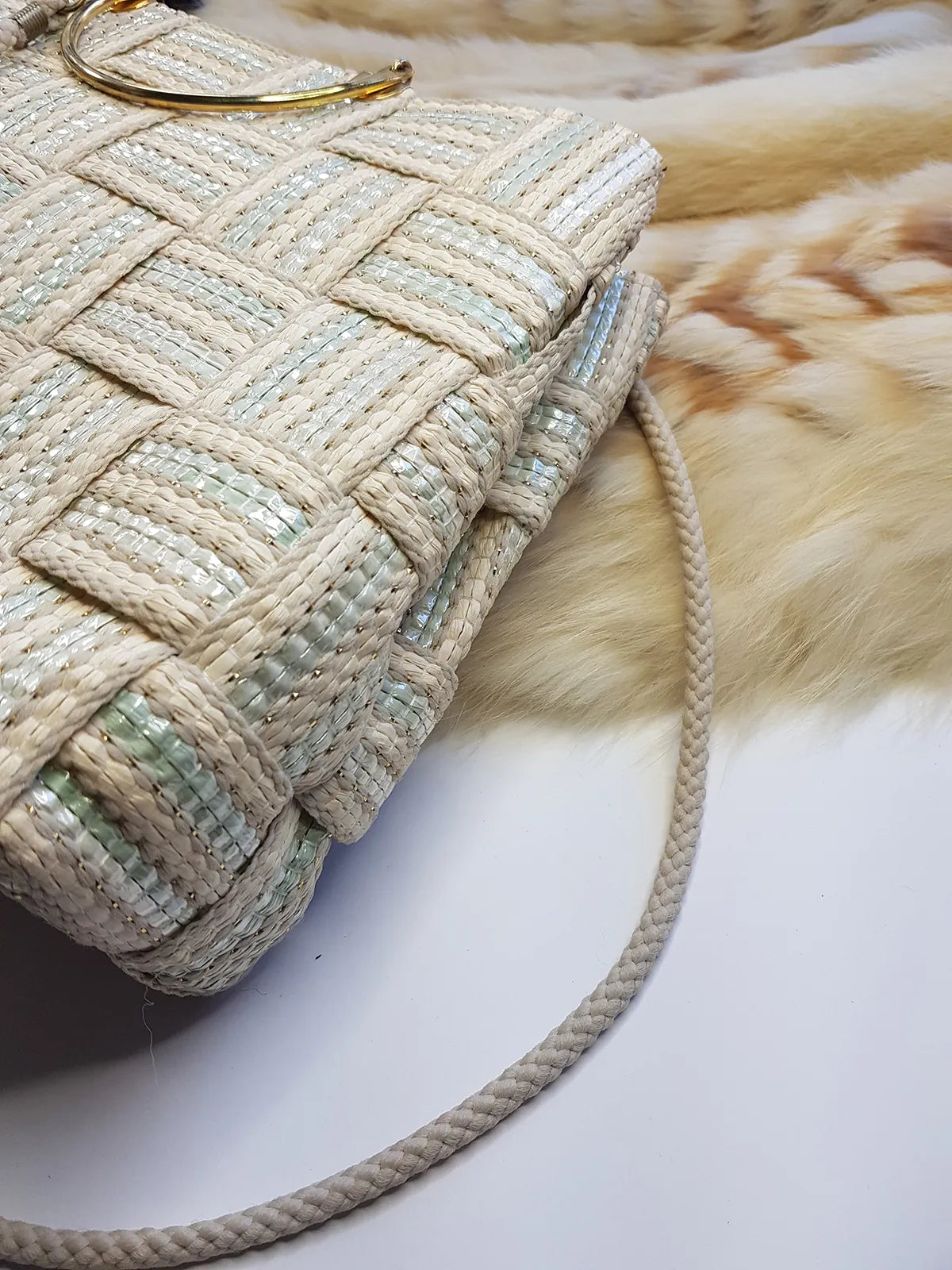 1960s European Chic Baby Blue & Cream with Metallic Threads - Woven Day / Weekender Bag - Gold Metal Hardware