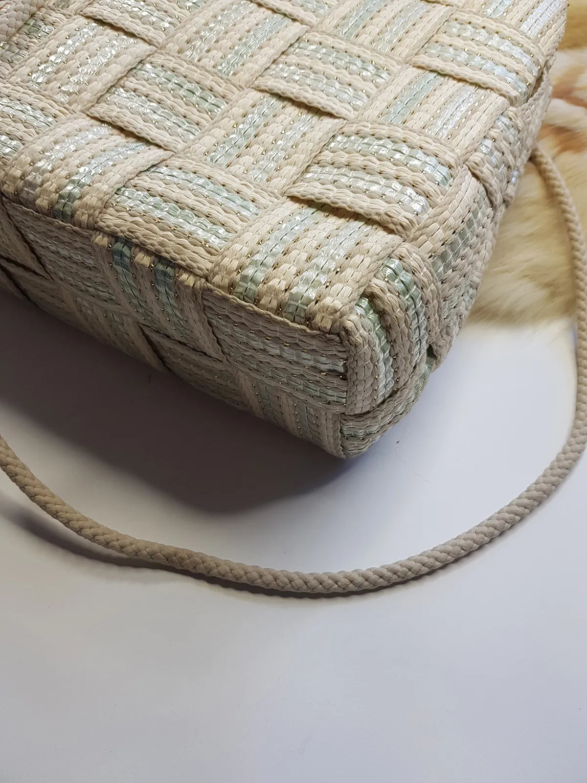 1960s European Chic Baby Blue & Cream with Metallic Threads - Woven Day / Weekender Bag - Gold Metal Hardware