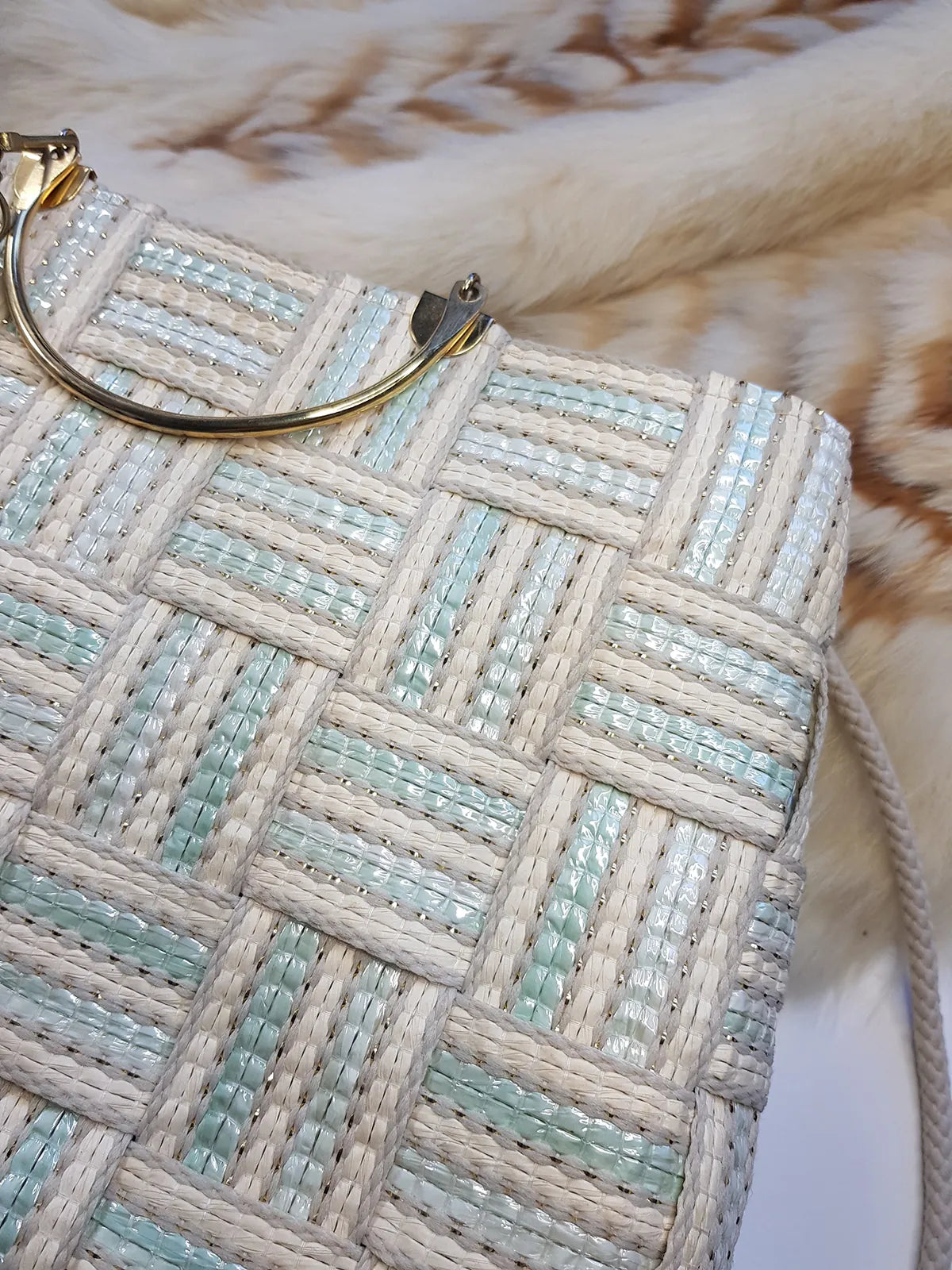 1960s European Chic Baby Blue & Cream with Metallic Threads - Woven Day / Weekender Bag - Gold Metal Hardware