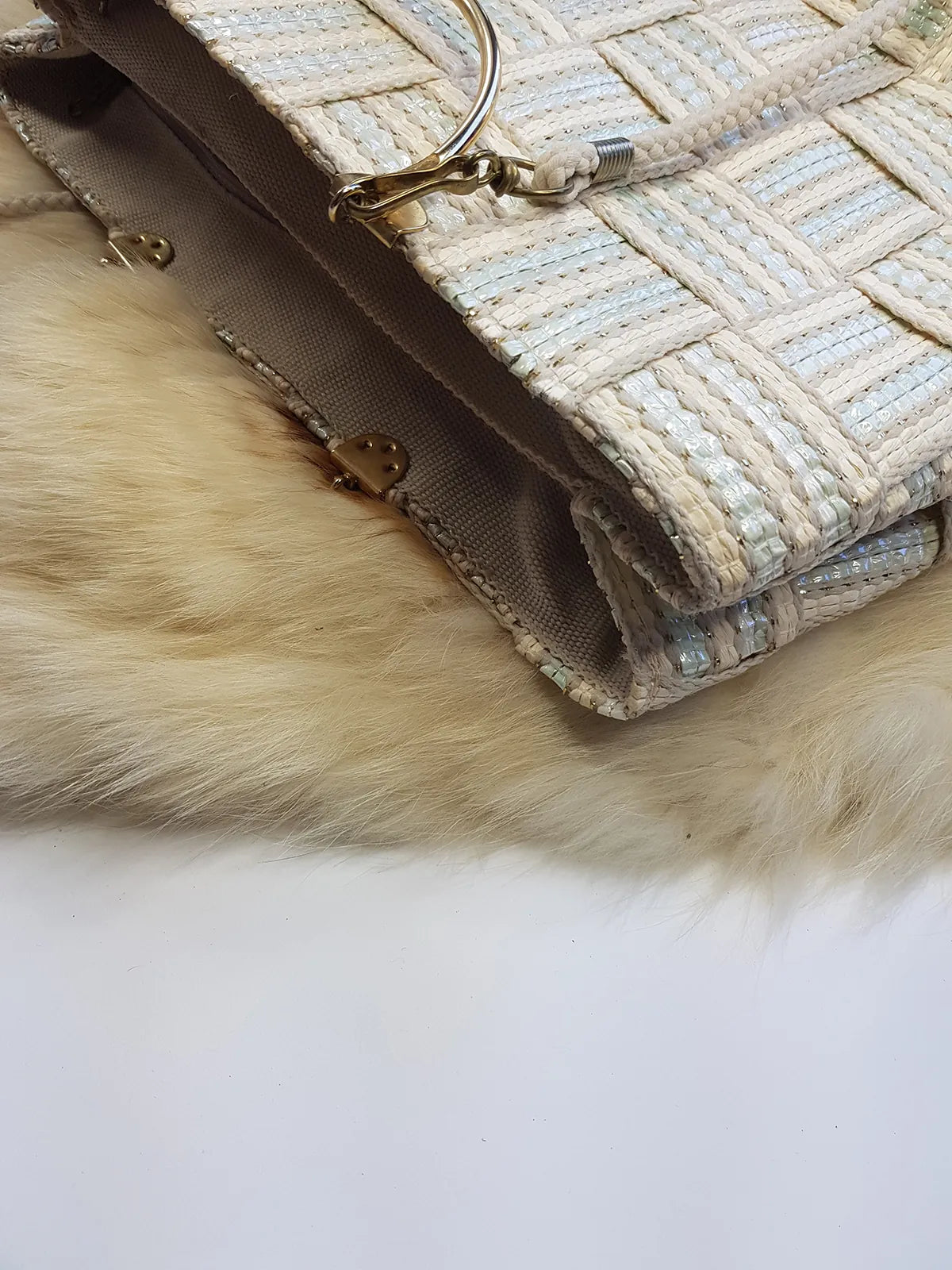 1960s European Chic Baby Blue & Cream with Metallic Threads - Woven Day / Weekender Bag - Gold Metal Hardware