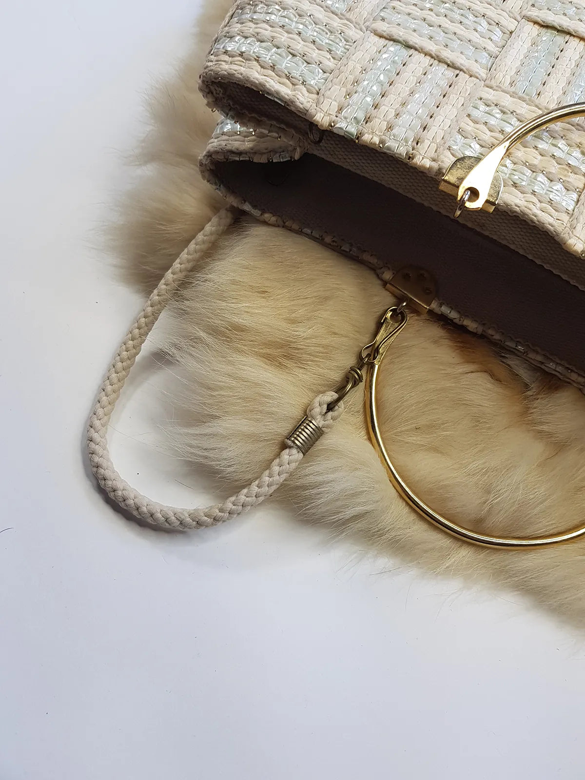 1960s European Chic Baby Blue & Cream with Metallic Threads - Woven Day / Weekender Bag - Gold Metal Hardware