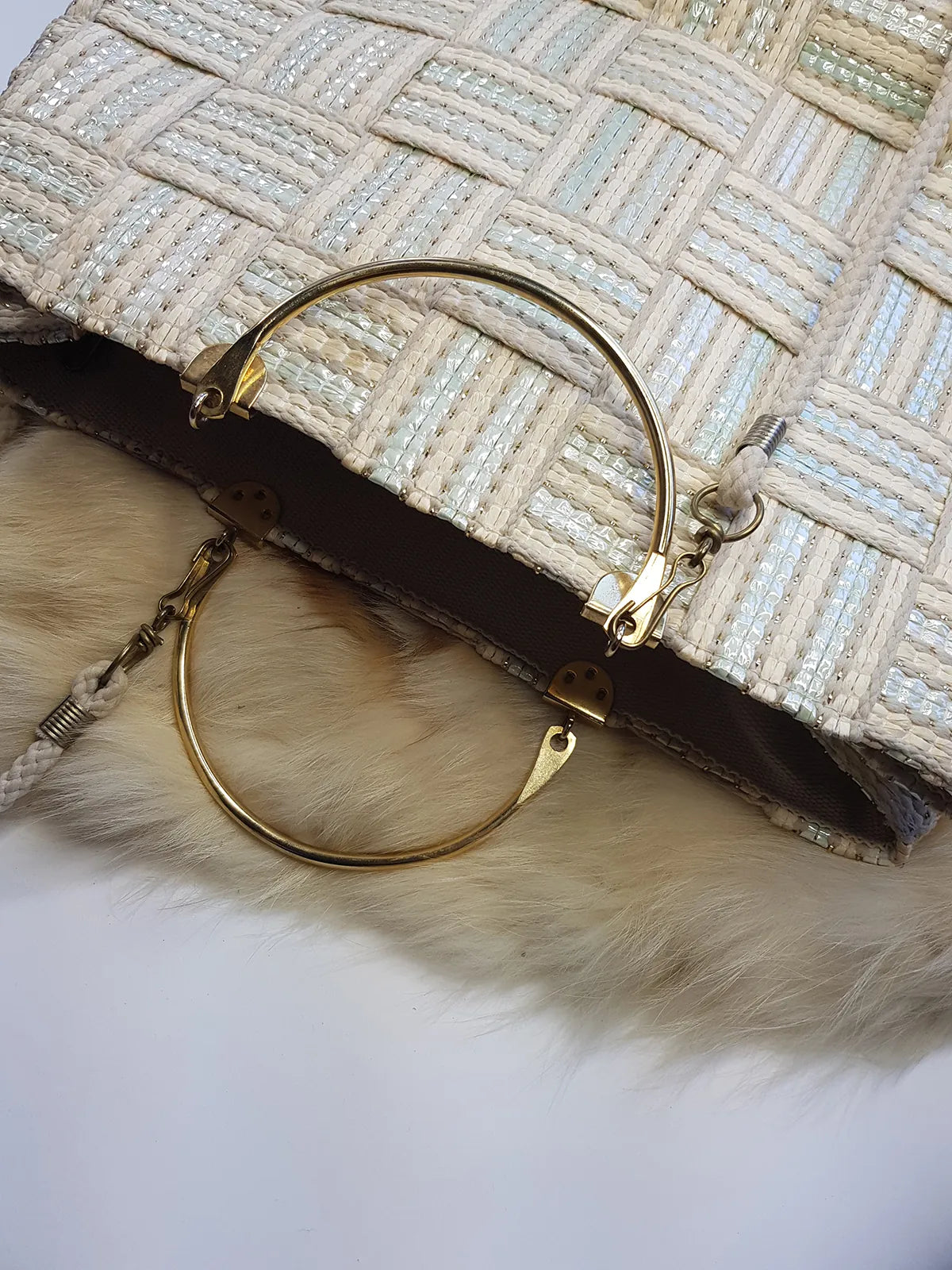 1960s European Chic Baby Blue & Cream with Metallic Threads - Woven Day / Weekender Bag - Gold Metal Hardware