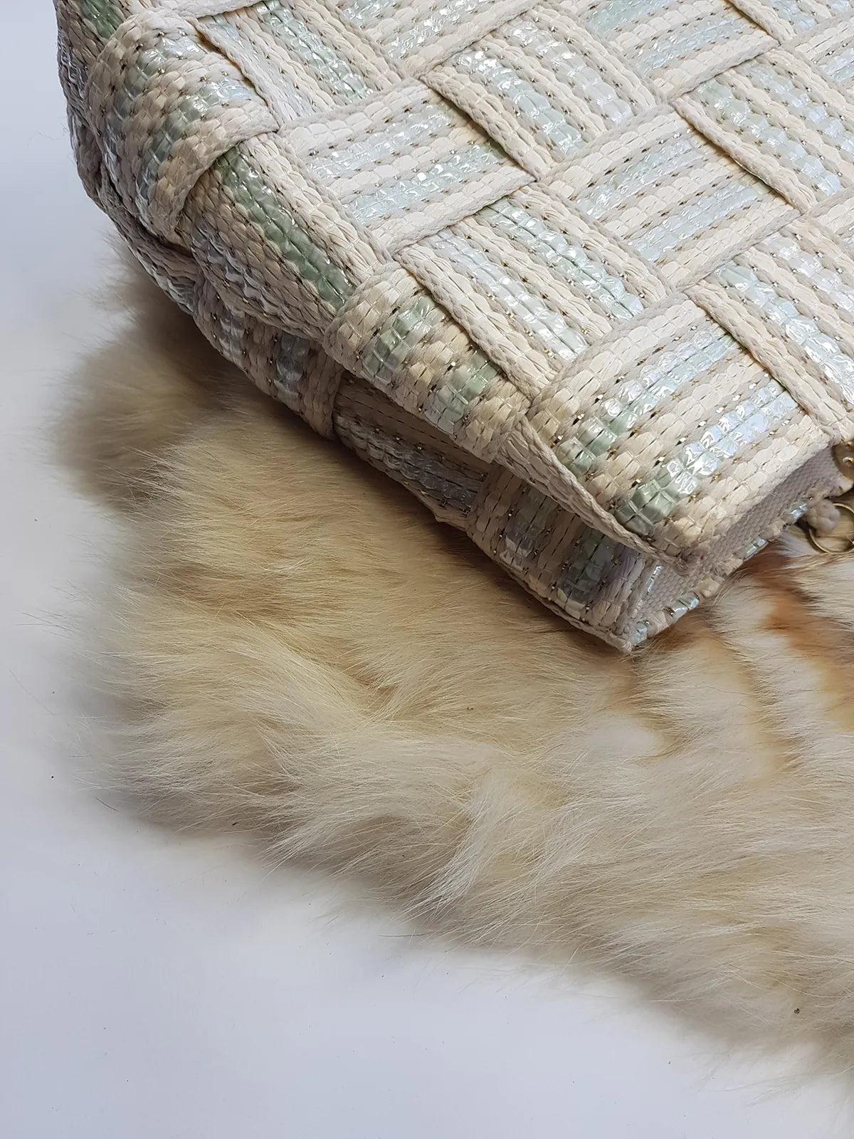 1960s European Chic Baby Blue & Cream with Metallic Threads - Woven Day / Weekender Bag - Gold Metal Hardware