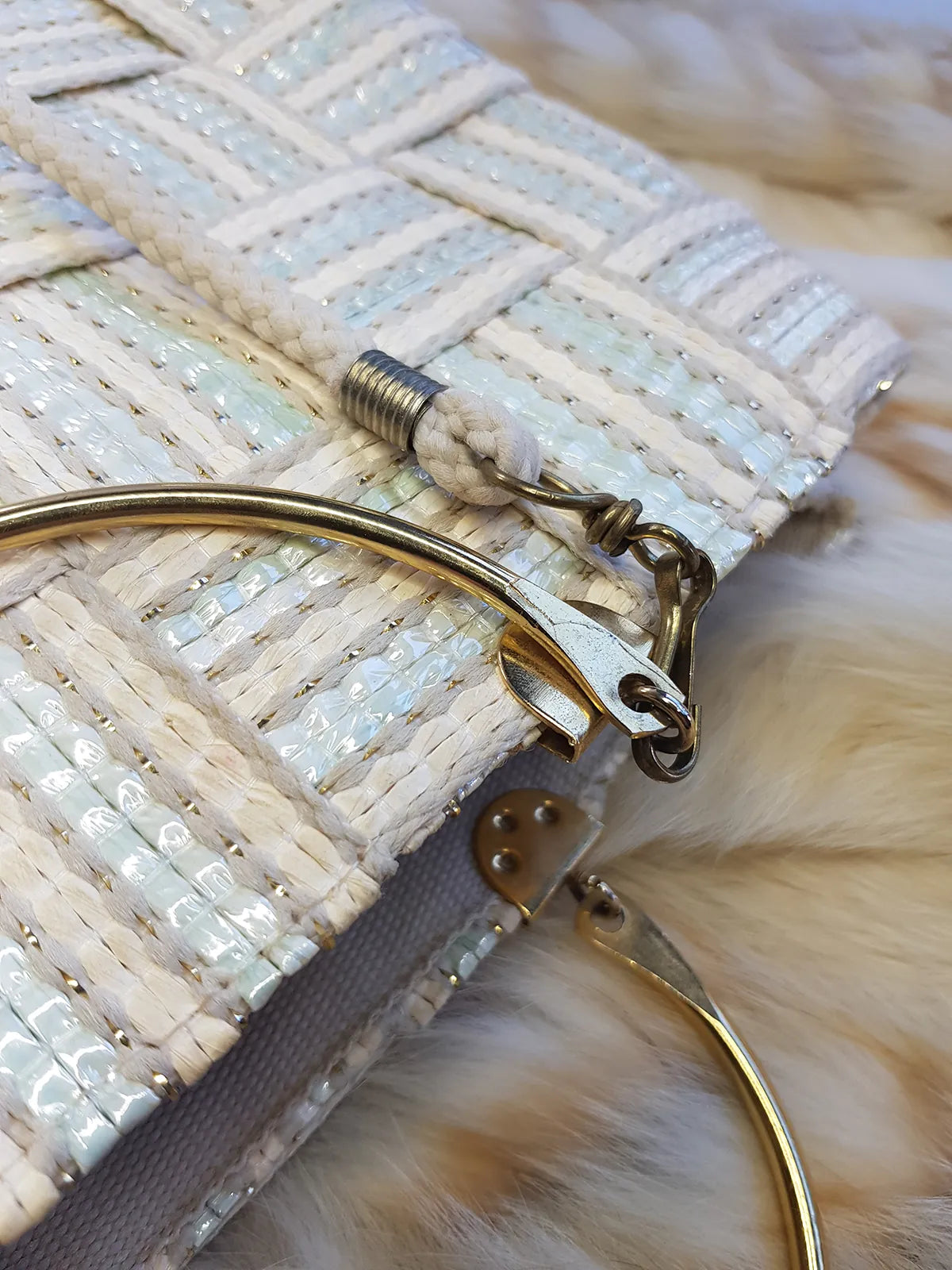 1960s European Chic Baby Blue & Cream with Metallic Threads - Woven Day / Weekender Bag - Gold Metal Hardware
