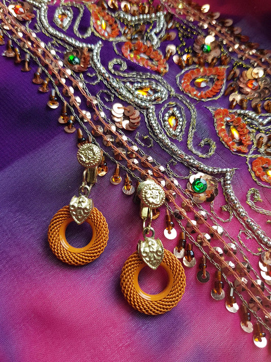 1970s Designer - Stamped - Whiting & Davis - Burnt Sunset Orange & Gold - Iconic Metal Mesh Earrings