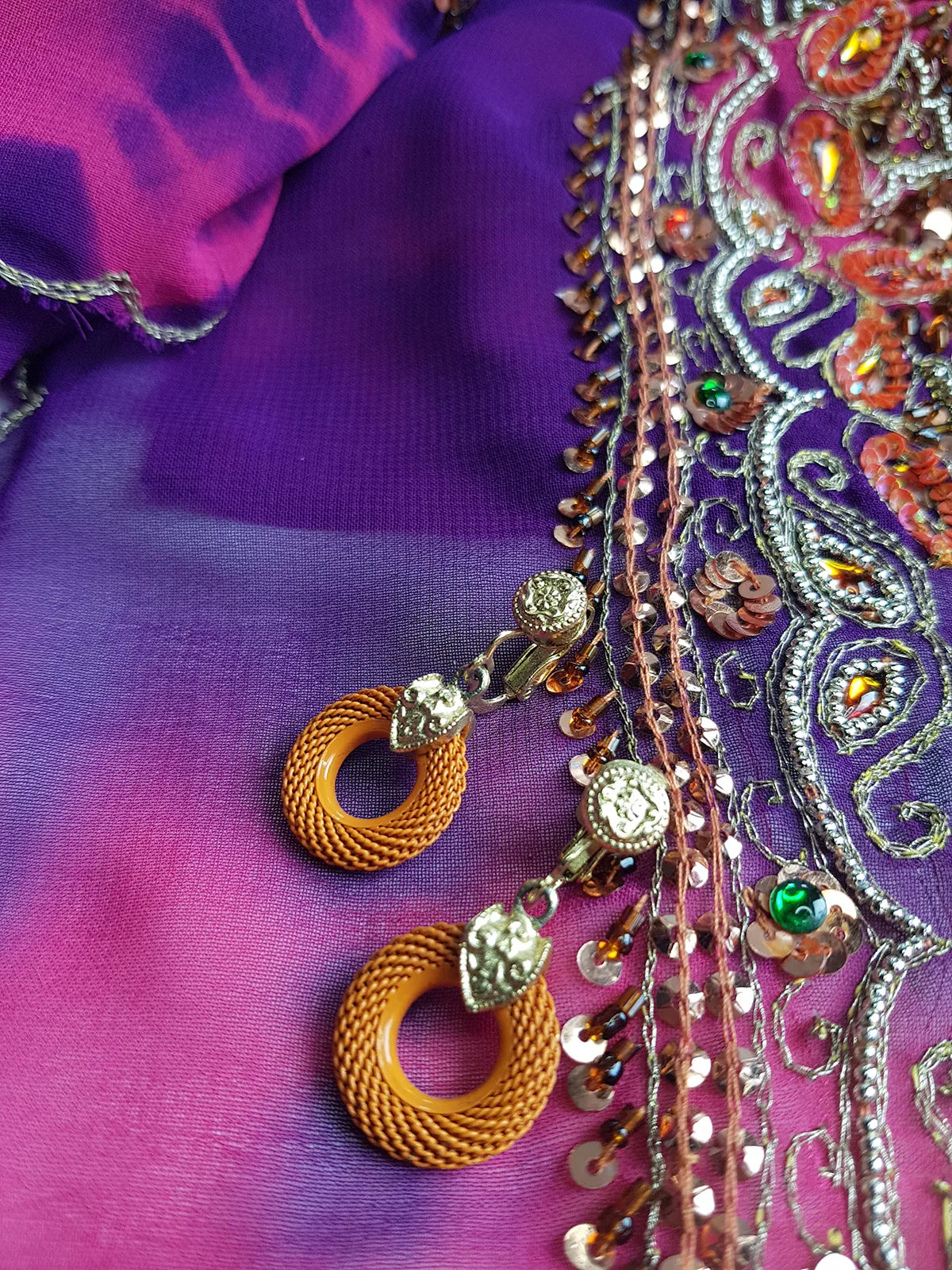 1970s Designer - Stamped - Whiting & Davis - Burnt Sunset Orange & Gold - Iconic Metal Mesh Earrings