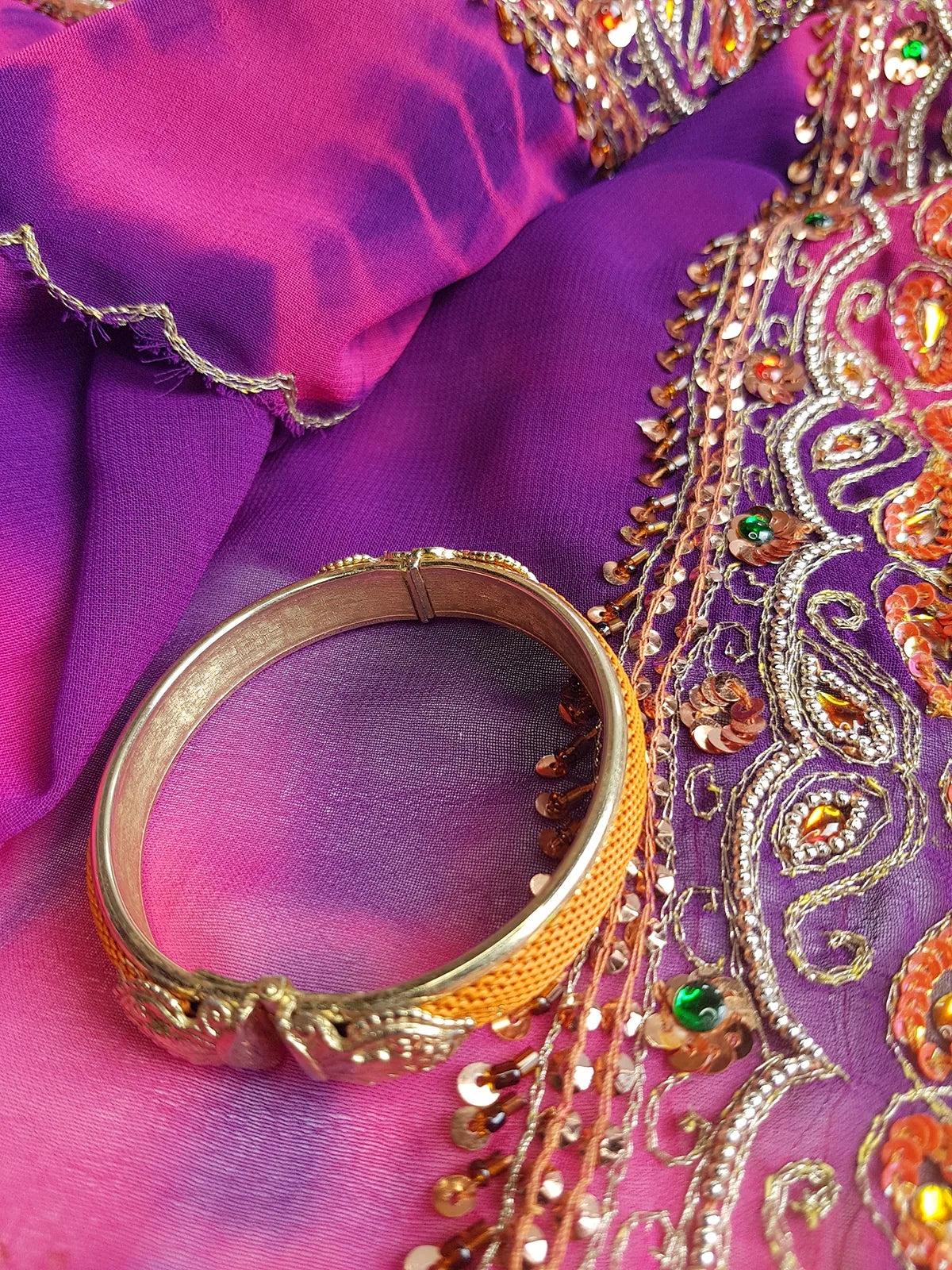 1970s Designer - Stamped - Whiting & Davis - Burnt Sunset Orange & Gold - Iconic Metal Mesh Bracelet