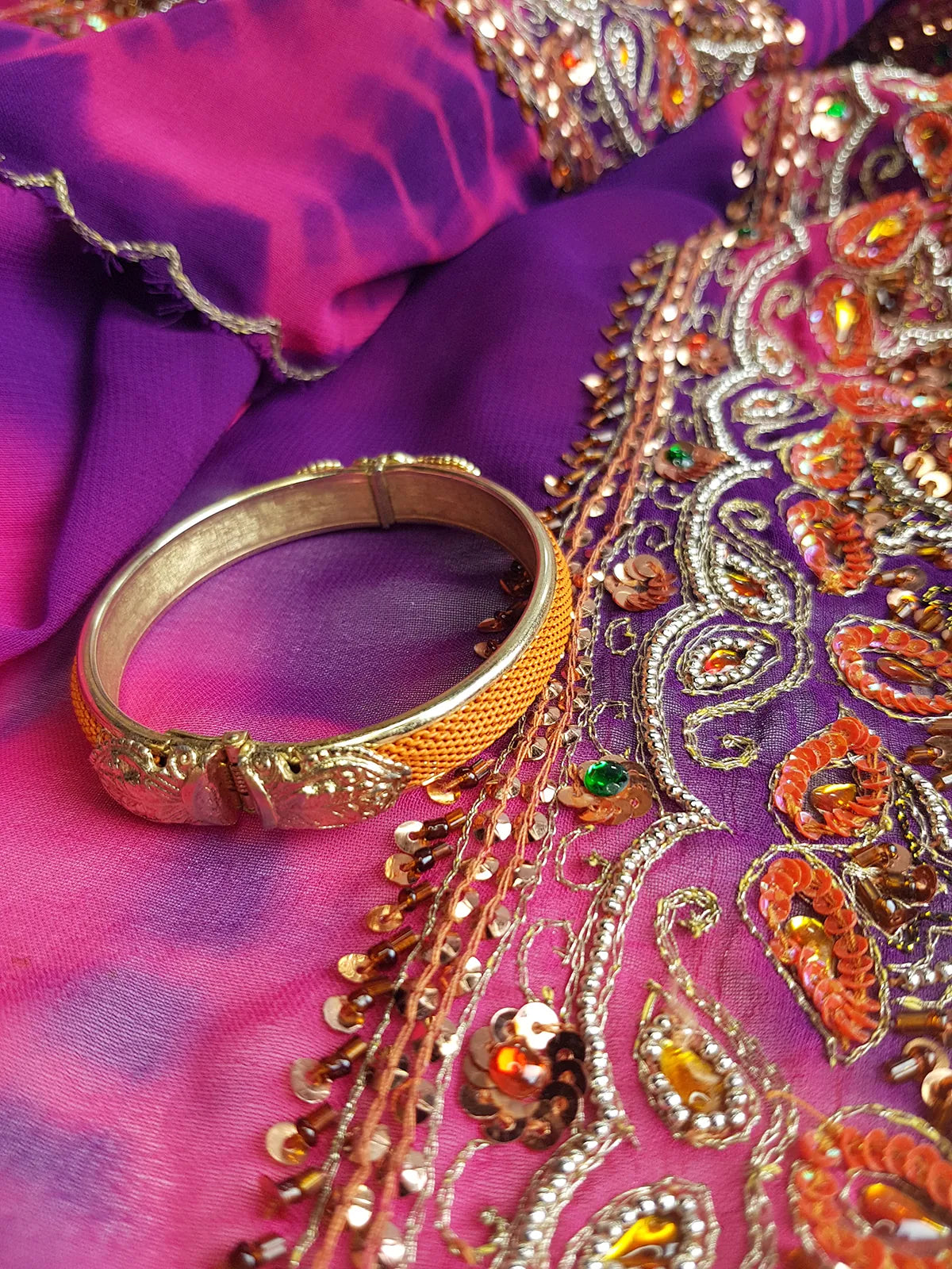 1970s Designer - Stamped - Whiting & Davis - Burnt Sunset Orange & Gold - Iconic Metal Mesh Bracelet