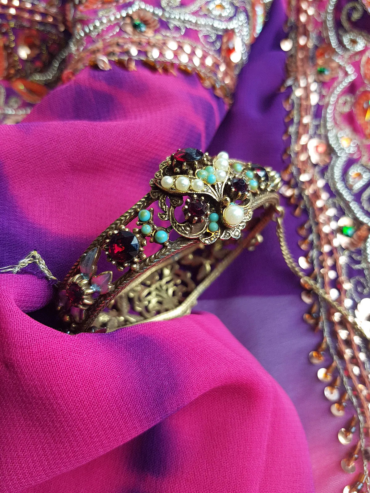 1970s Romantic Gothic Designer Ornate Metal Bracelet  - Stones & Pearls - Reversible to be Worn Two Ways - Stamped